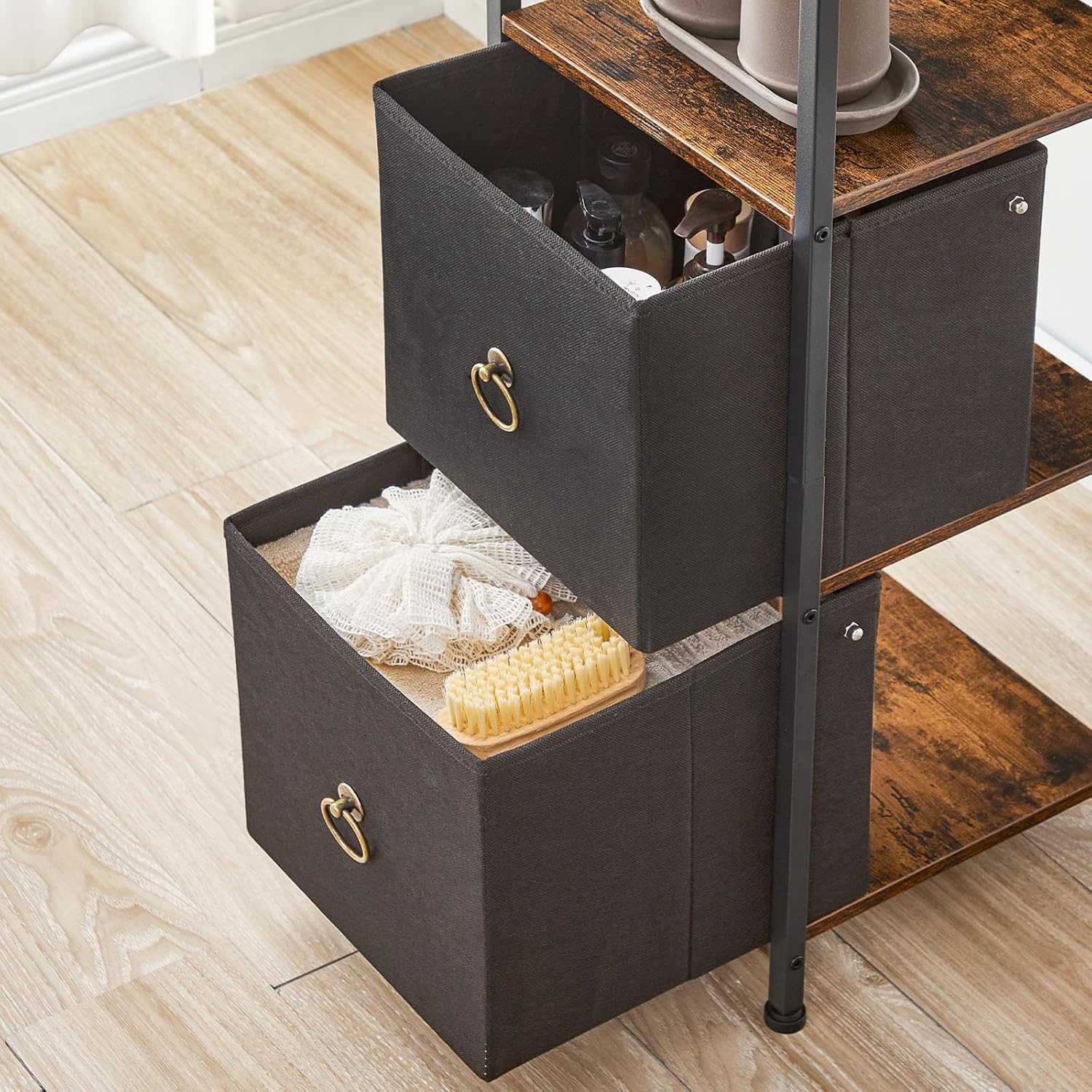 HOOBRO Gabinete esquinero, estante esquinero de 4 niveles con 2 cajones, gabinete de piso de baño, gabinete de almacenamiento estrecho, para baño,