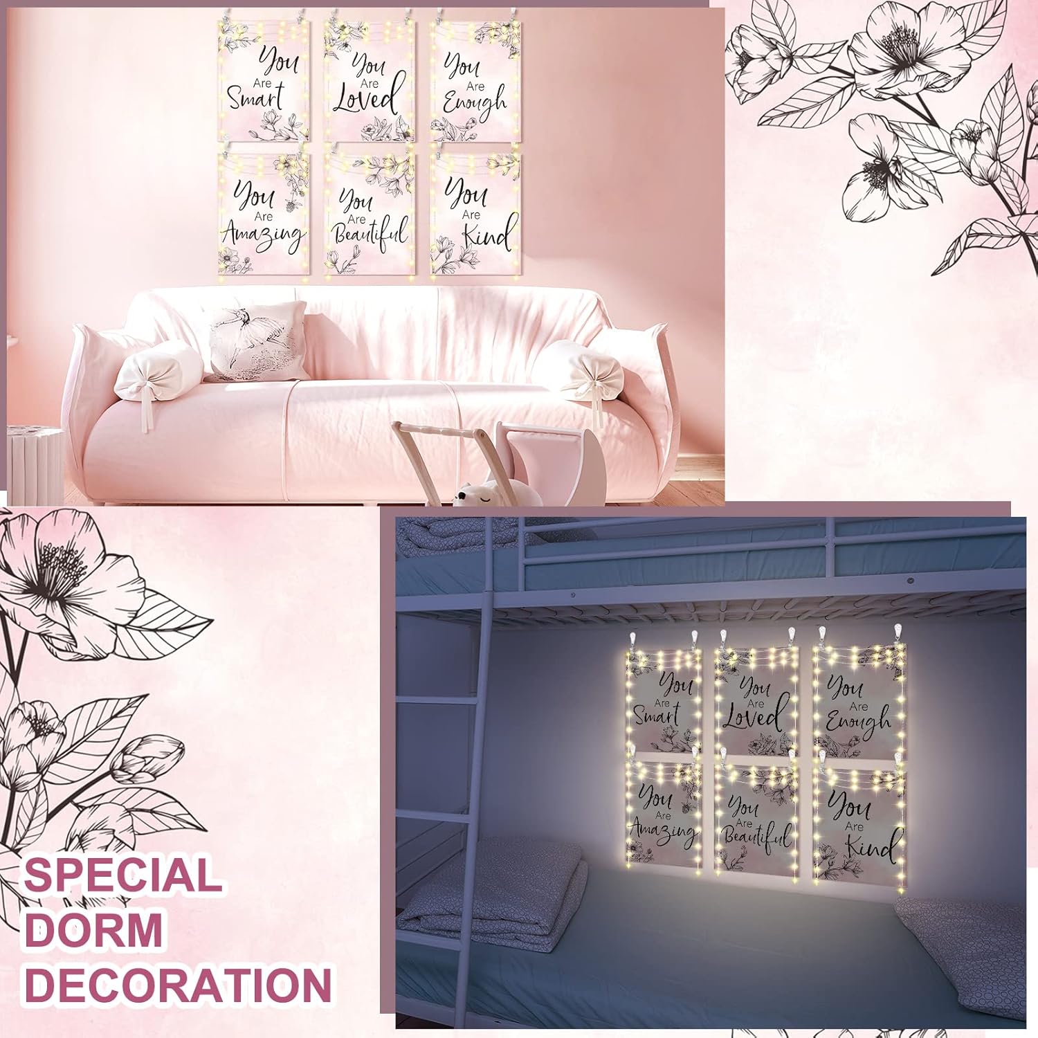 Rtteri Tapiz floral rosa de 12 x 16 pulgadas, 6 piezas con citas inspiradoras LED de luz, decoración de pared, tapiz cristiano gris y rosa,