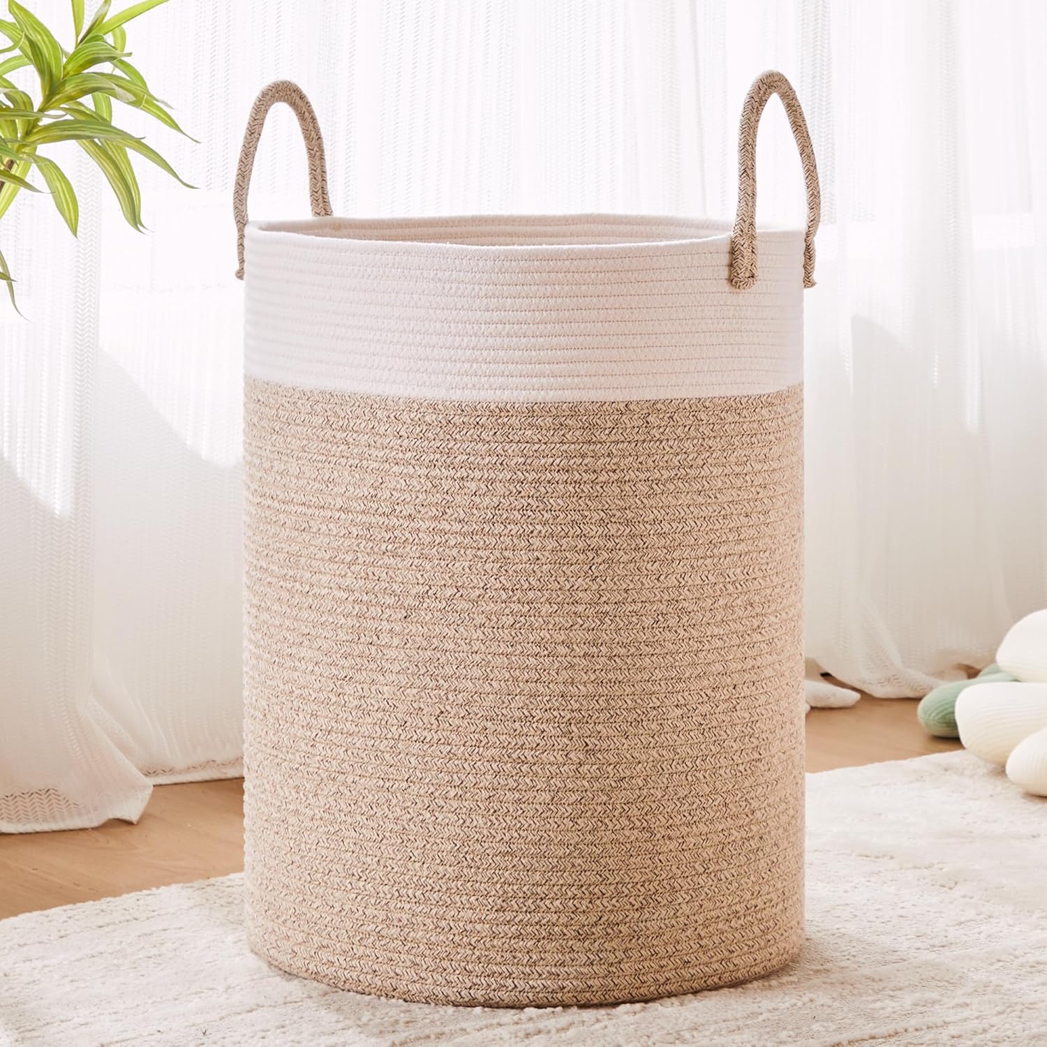 Cesta tejida para ropa sucia, cesta de cuerda alta de 60 litros para manta, cesta de ropa para dormitorio, cuarto de bebé, cesta de lavandería para