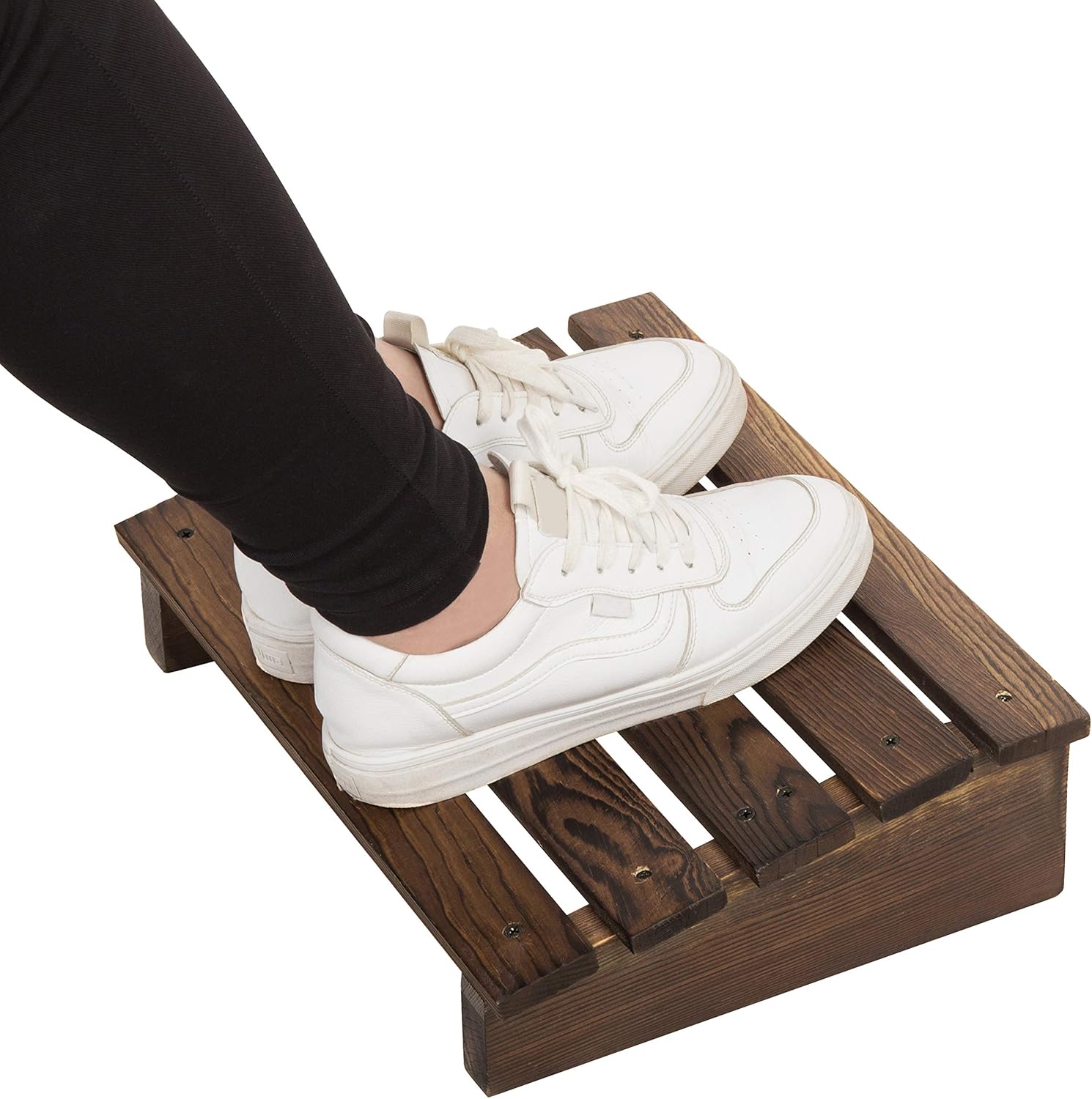 MyGift Taburete ergonómico de madera marrón quemado para pies debajo del escritorio con diseño inclinado, taburete para escritorio en el trabajo