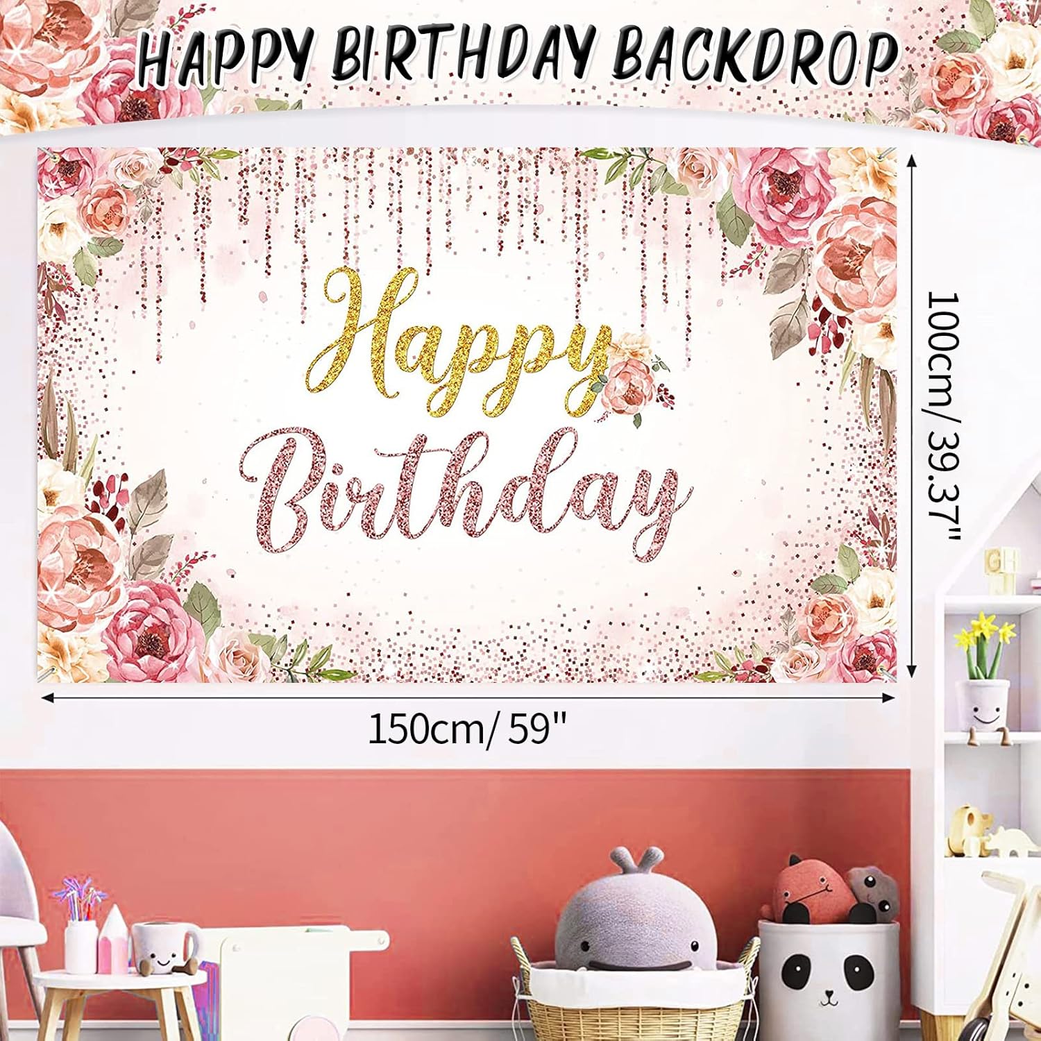 Decoraciones florales de feliz cumpleaños para mujer, 131 piezas de suministros de fiesta de cumpleaños con flores de oro rosa, incluyendo telón de