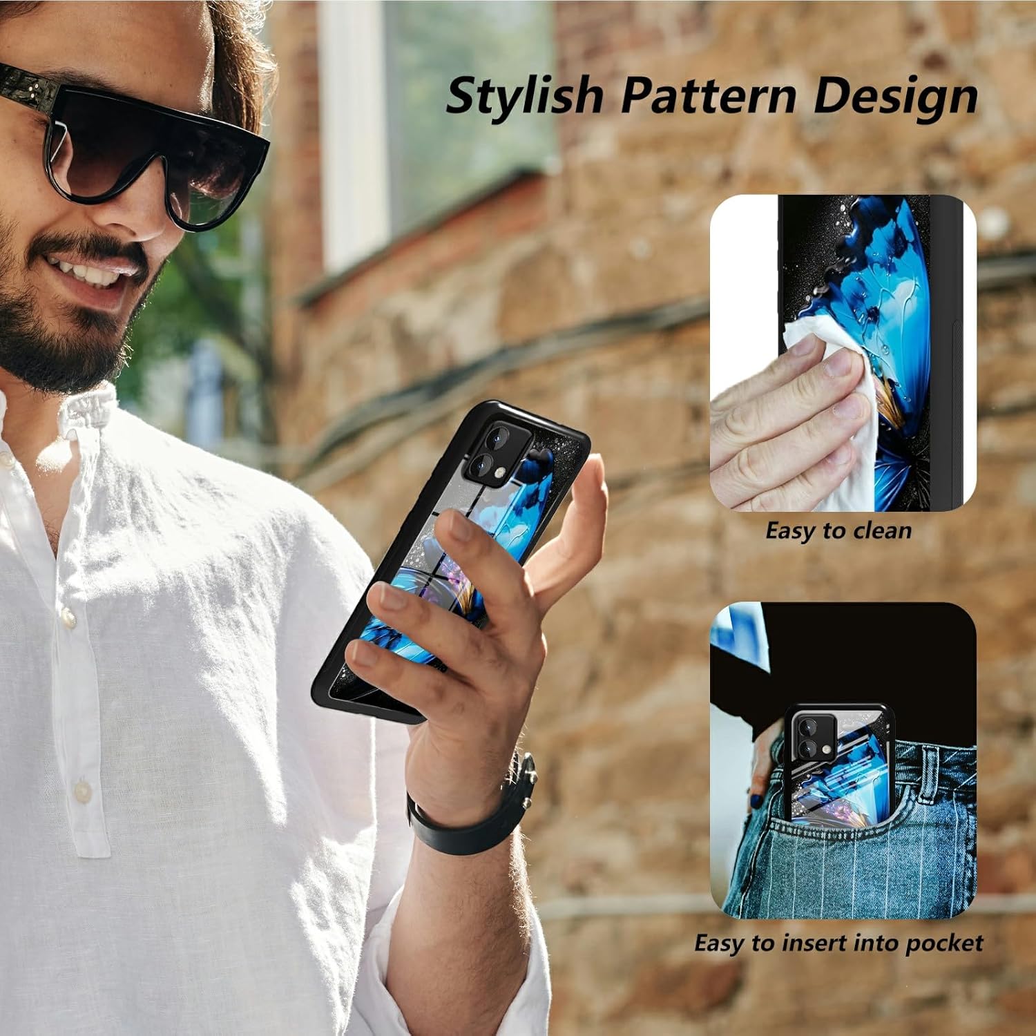 Funda para Moto G Stylus 5G 2023 de vidrio templado, funda negra con diseño de mariposa azul para mujeres y hombres, antiarañazos, a prueba de