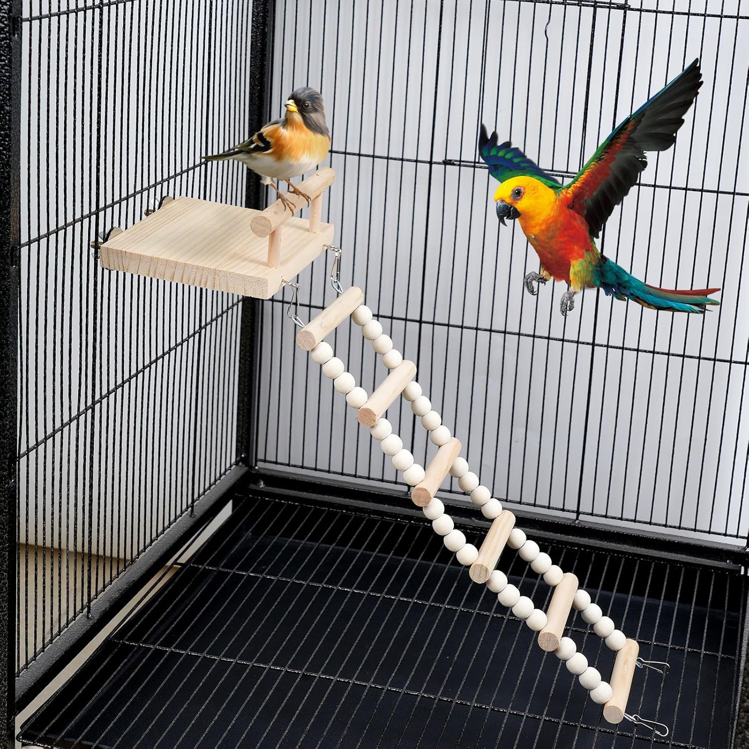 Plataforma de perca de madera para pájaros con escalera de escalada, soporte de juego de loro, puente oscilante, juguetes para masticar periquitos,