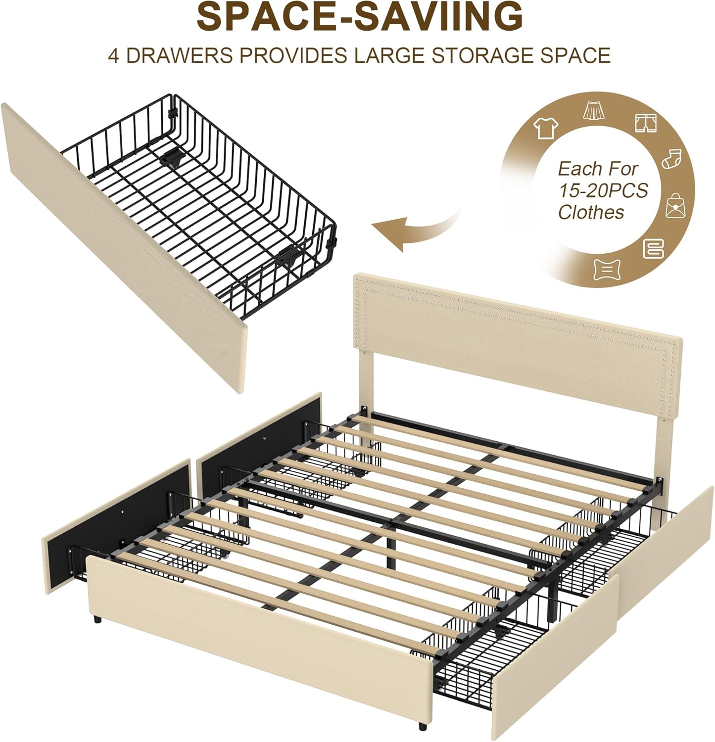 Base de cama tapizada con 4 cajones de almacenamiento, moderno marco de cama matrimonial con cabecera ajustable, se adapta a colchones de 6 a 12