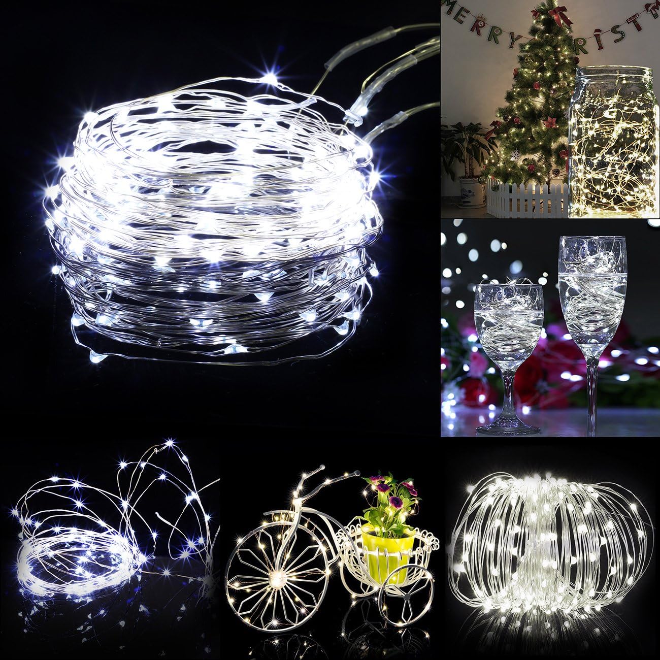 Paquete de 12 guirnaldas de luces LED que funcionan con pilas, 20 luces LED de 7.2 pies, alambre plateado blanco frío, bodas, centros de mesa,
