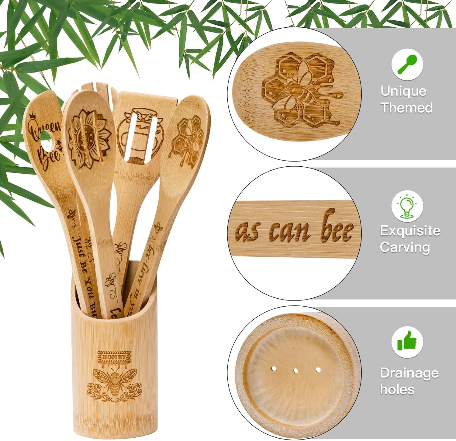Cucharas de madera para cocinar, divertidas citas inspiradas, juego de utensilios de cocina grabados con láser, suministros de cocina, cuchara de
