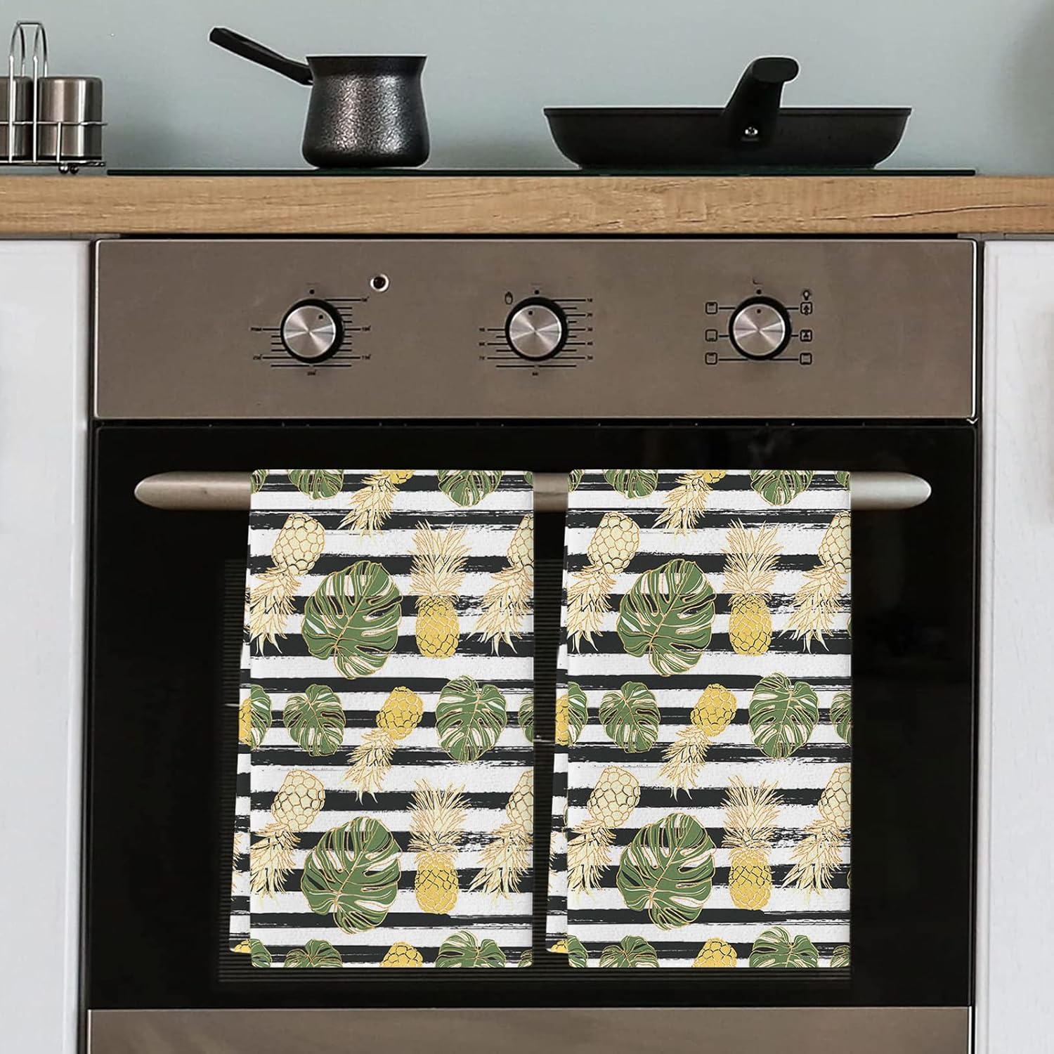 Juego de 2 paños de cocina con plantas tropicales y frutas, toallas de mano con diseño de piña, hojas de Monstera, juego de 2 paños de secado