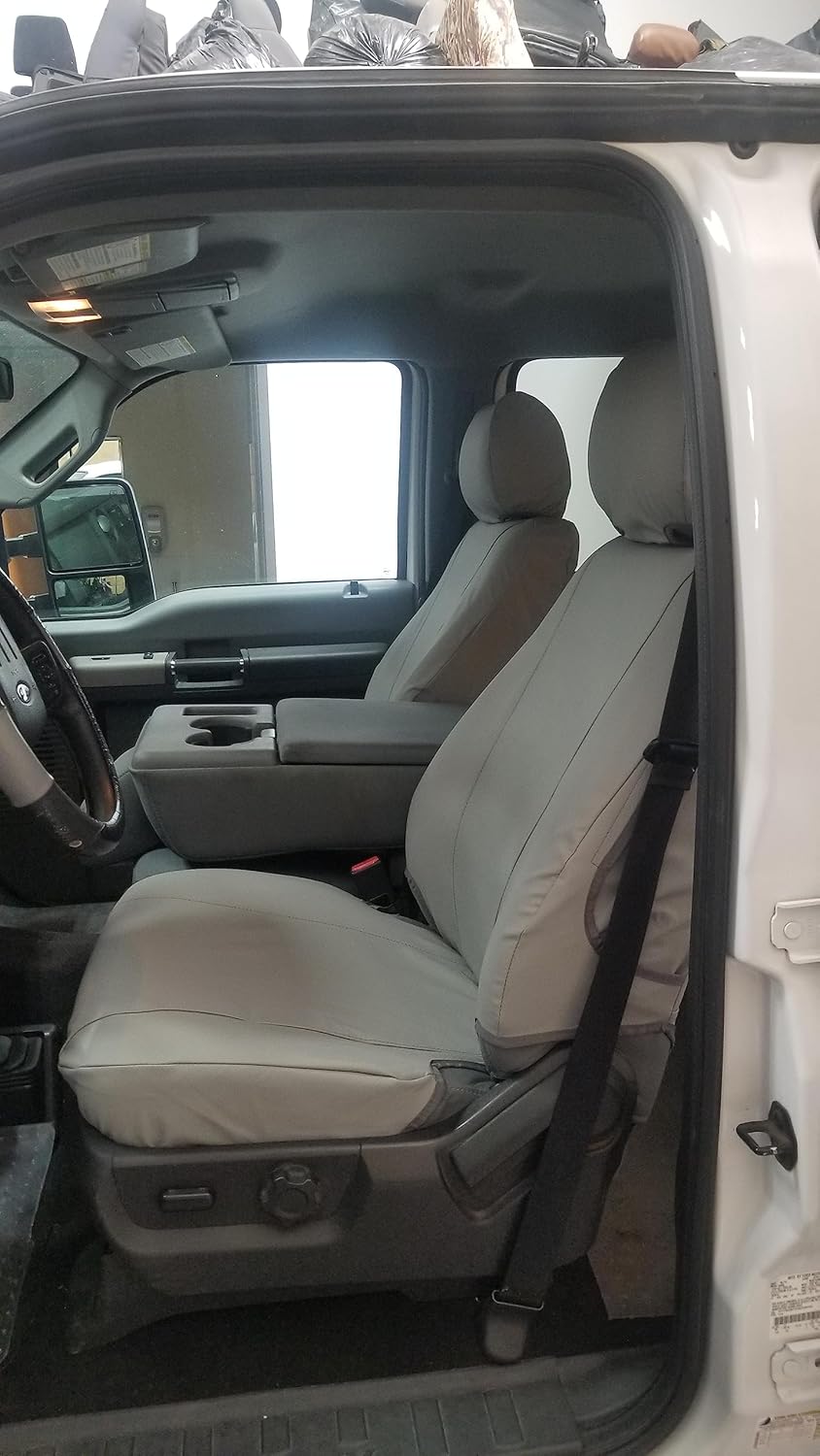 Durafit Seat Covers, Cuero sintético gris impermeable compatible con Ford F150 XLXLTLariat 2015-2022 y F250-F550 2016-2022, asientos delanteros