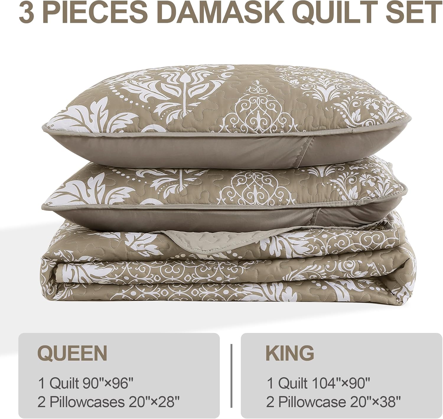 Juego de edredón beige tamaño Queen, juego de colcha bohemia de damasco tostado, juego de ropa de cama de lujo de microfibra suave y ligera de 3