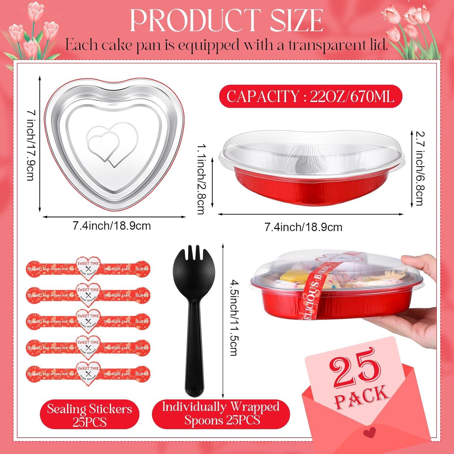 Yinkin 25 moldes de papel de aluminio con forma de corazón de 22 onzas para cupcakes con tapas y cucharas, moldes desechables para tartas, moldes
