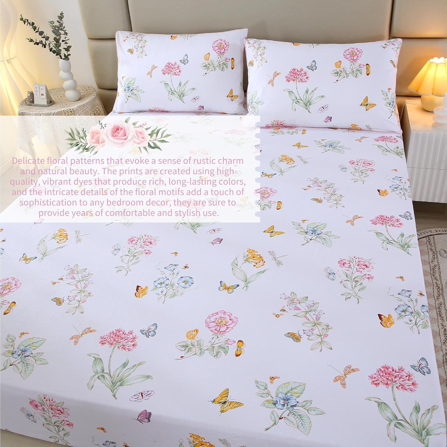 RYNGHIPY Juego de sábanas de algodón egipcio, tamaño King, diseño de flores botánicas de jardín, mariposas, con fundas de almohada, ultra suaves y