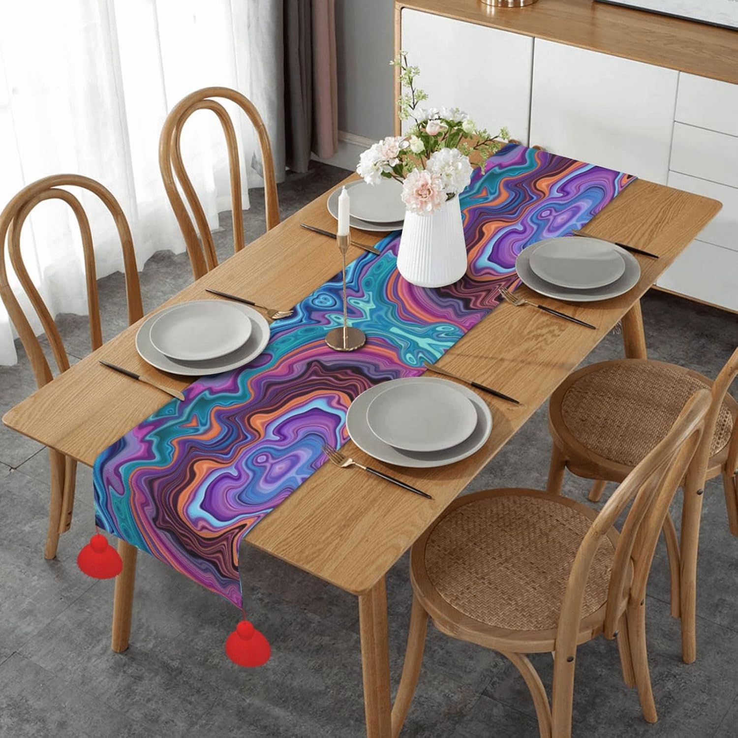 Camino de mesa de Navidad con acuarela de mármol líquido, decoración de mesa de comedor, decoración de Navidad, decoración de interiores del hogar,