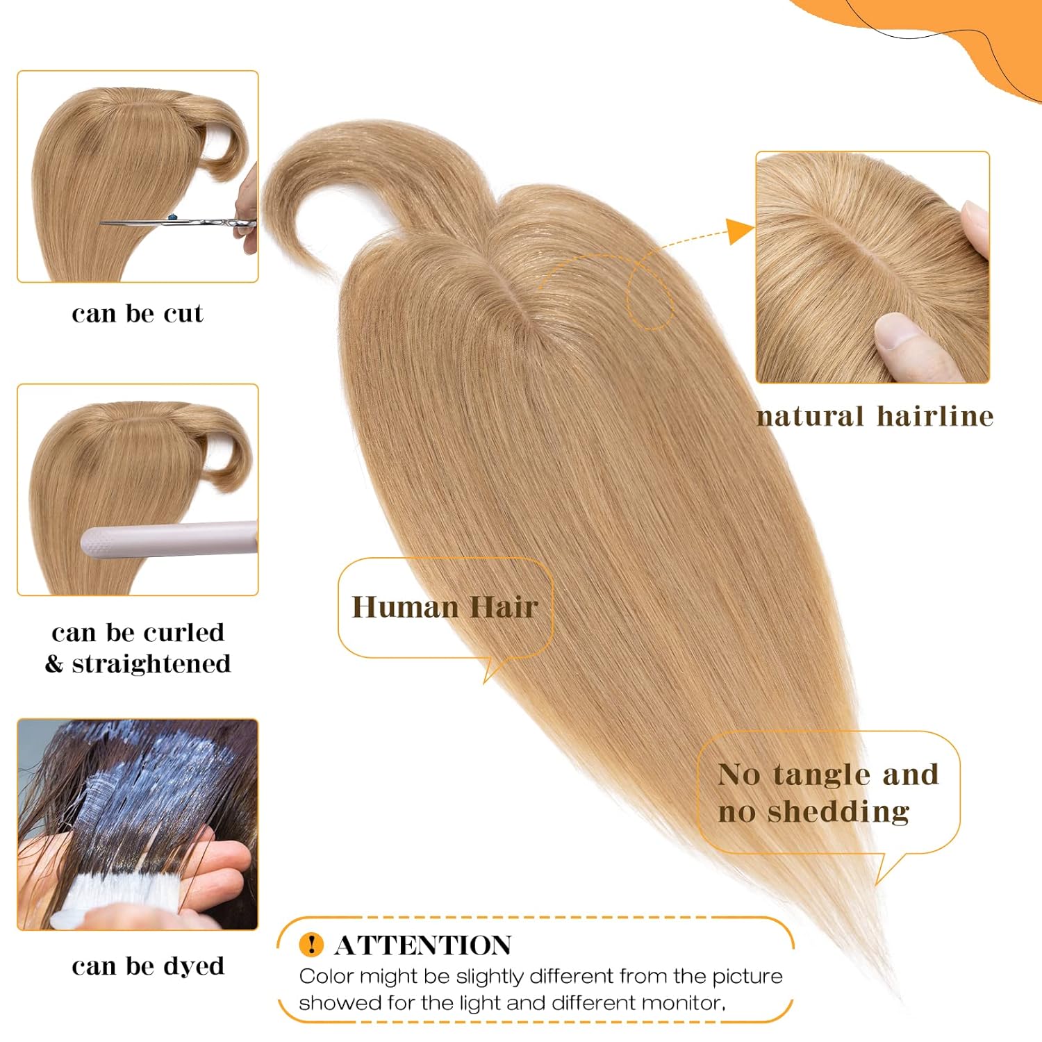 S-noilite Toppers para el cabello humano real con flequillo, 6 pulgadas, color rubio oscuro #27, base de seda, clip en la parte superior para