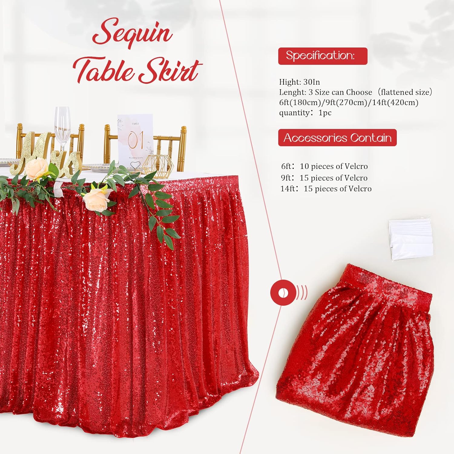 Falda de mesa de lentejuelas rojas de 9 pies para mesa redonda rectangular cuadrada para fiesta, boda, cumpleaños