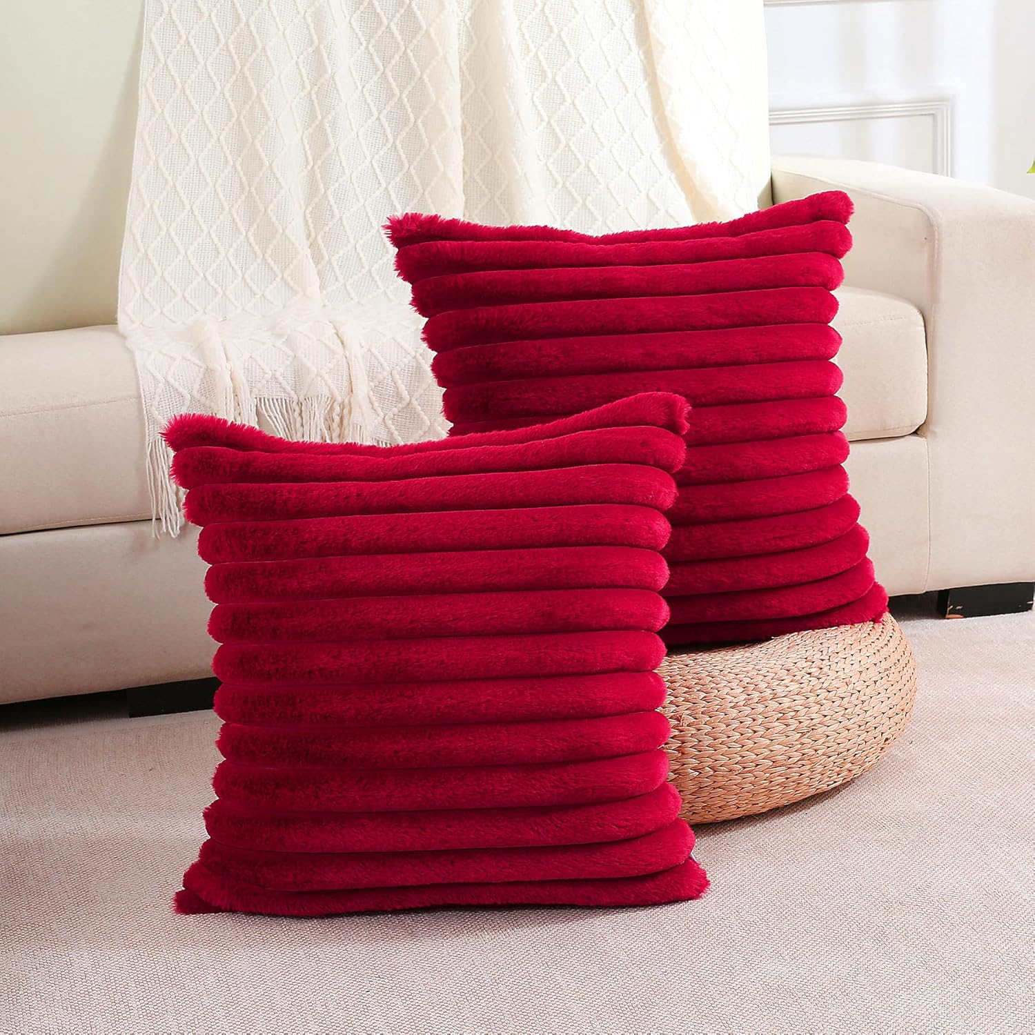 Juego de 2 fundas de almohada decorativas con rayas de color burdeos o rojo vino, 20 x 20 pulgadas, cuadradas y primaverales, piel sintética de