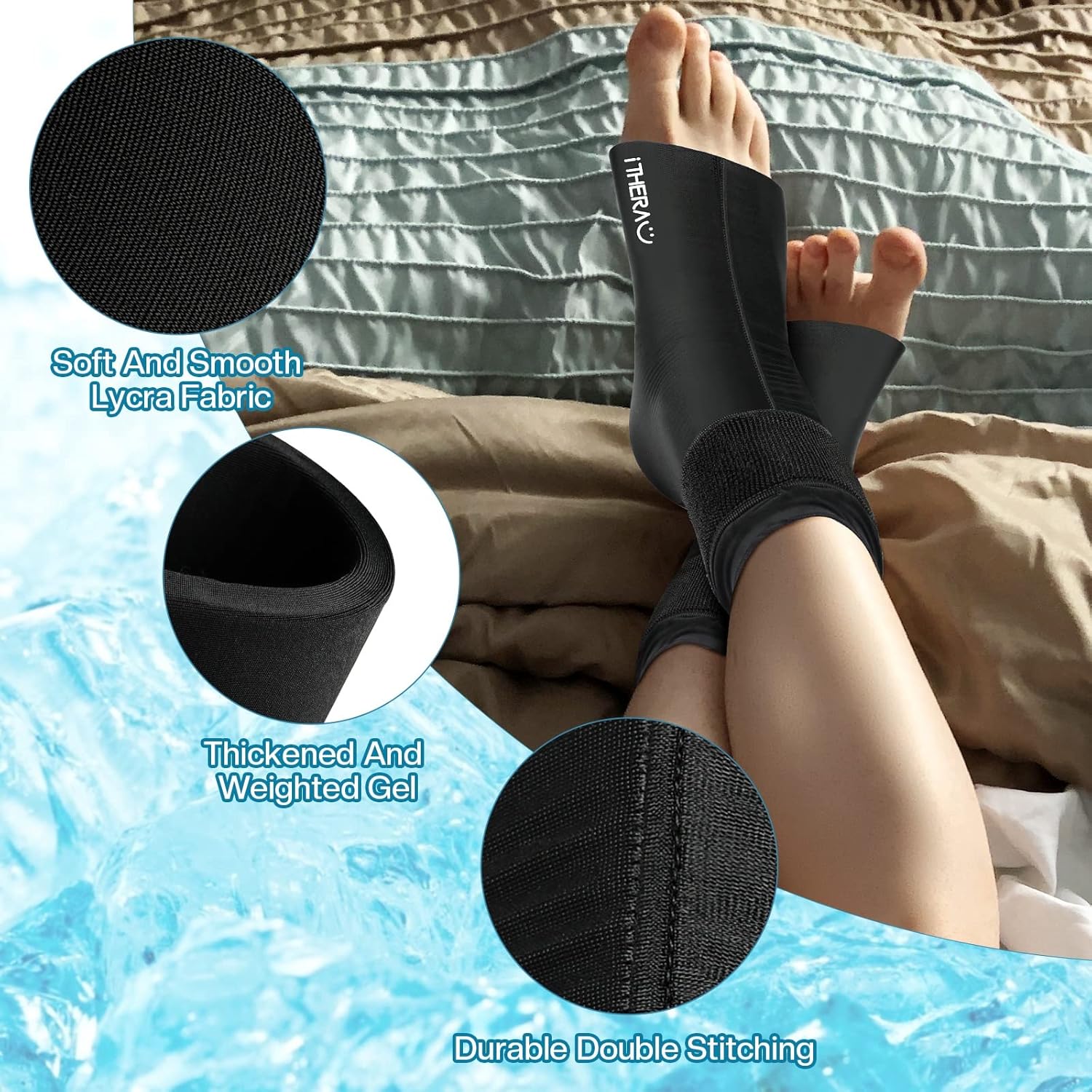 iTHERAU – Bolsa de hielo de tobillo para lesiones, paquete de hielo reutilizable para pies, terapia de compresión elástica para fascitis plantar,
