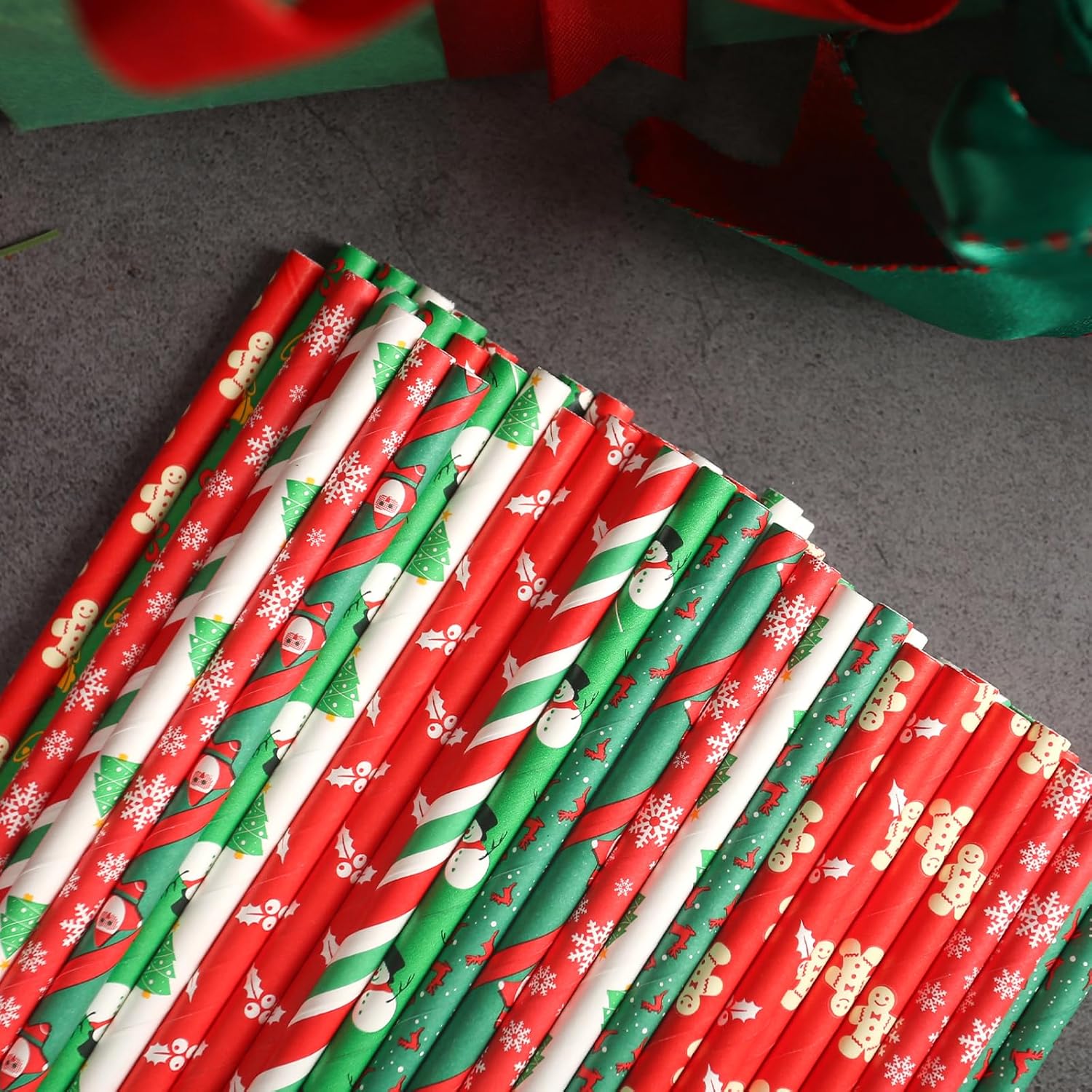 120 popotes de papel de Navidad, pajitas de Navidad de 10 estilos, pajitas decorativas para decoración de fiestas de Navidad, manualidades
