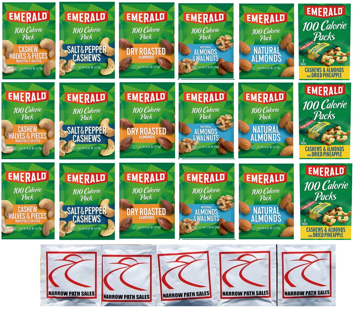 Paquete de 100 calorías de nueces, anacardos y almendras esmeralda, paquete de 18 bolsas, 6 sabores