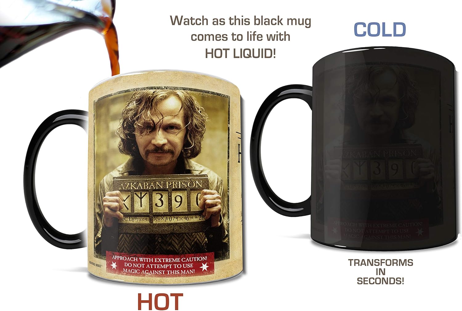 Morphing Mugs Harry Potter – Sirius Black – Wanted Wizard – Una taza de cerámica sensible al calor que cambia de color de 11 onzas  Imagen revelada