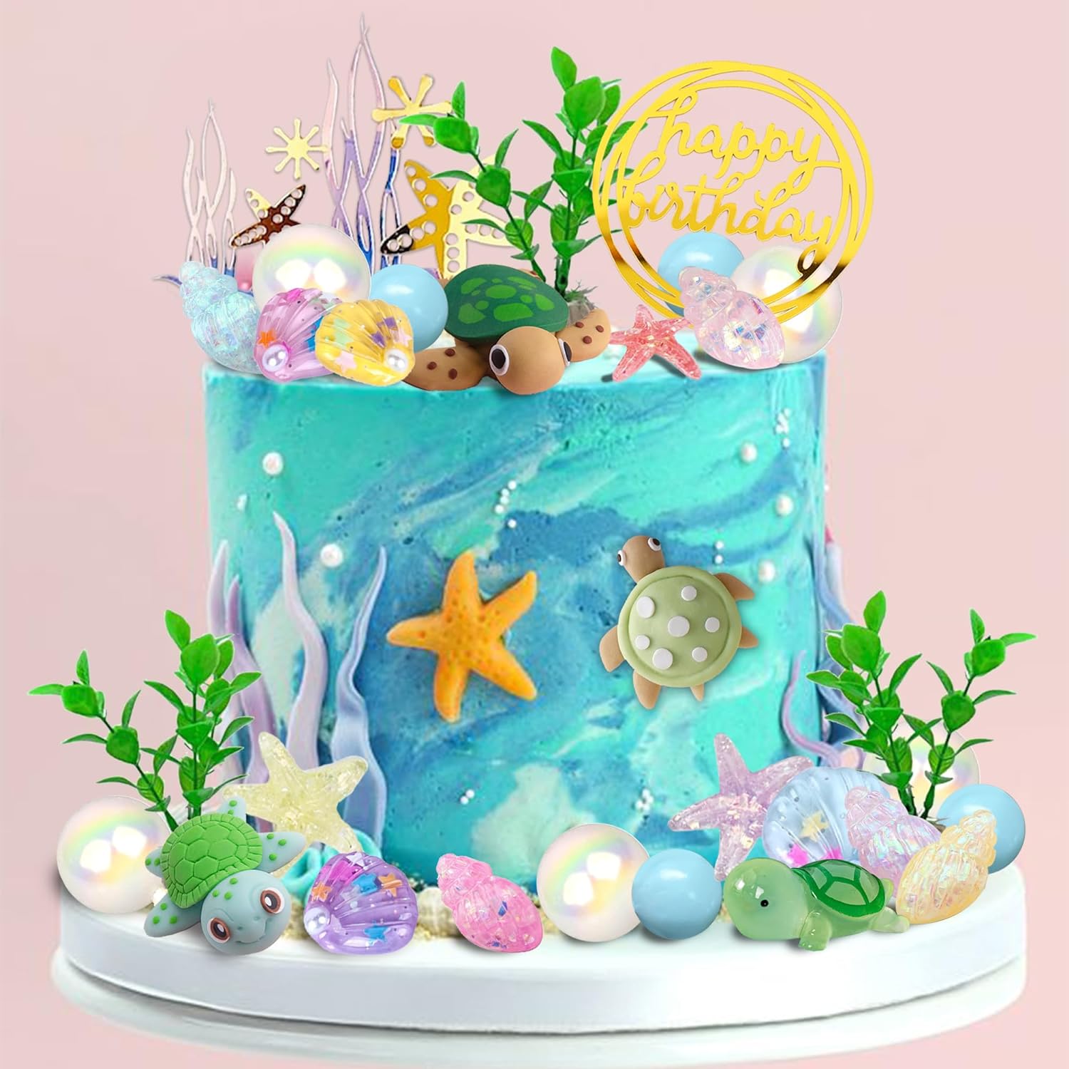 34 piezas de decoración de pastel de tortuga bajo el mar con tortuga oceánica conchas y conchas marinas para fiesta de cumpleaños temática del mar,