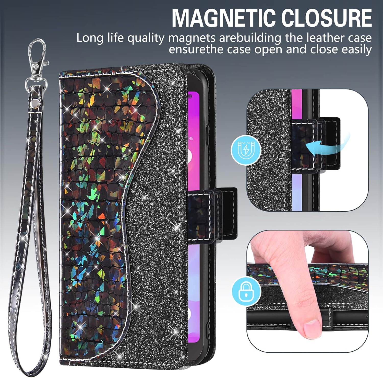 Asuwish Funda de teléfono para Alcatel TCL A3 A509DLA30 Funda tipo cartera con protector de pantalla y tarjetero abatible con purpurina para célula