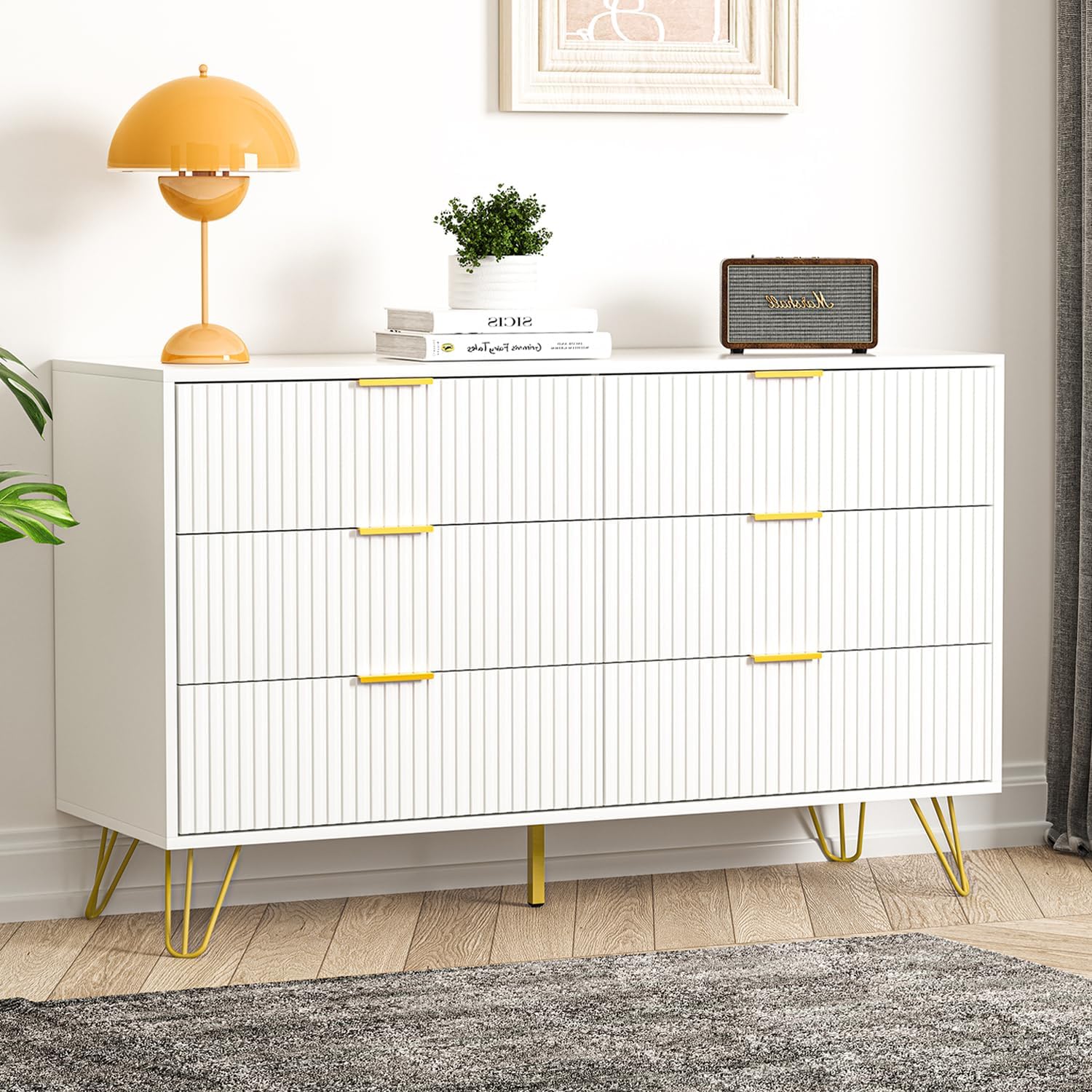 FURNIWAY Cómoda blanca, cómoda moderna de 6 cajones para dormitorio con asas doradas, cómoda ancha para sala de estar