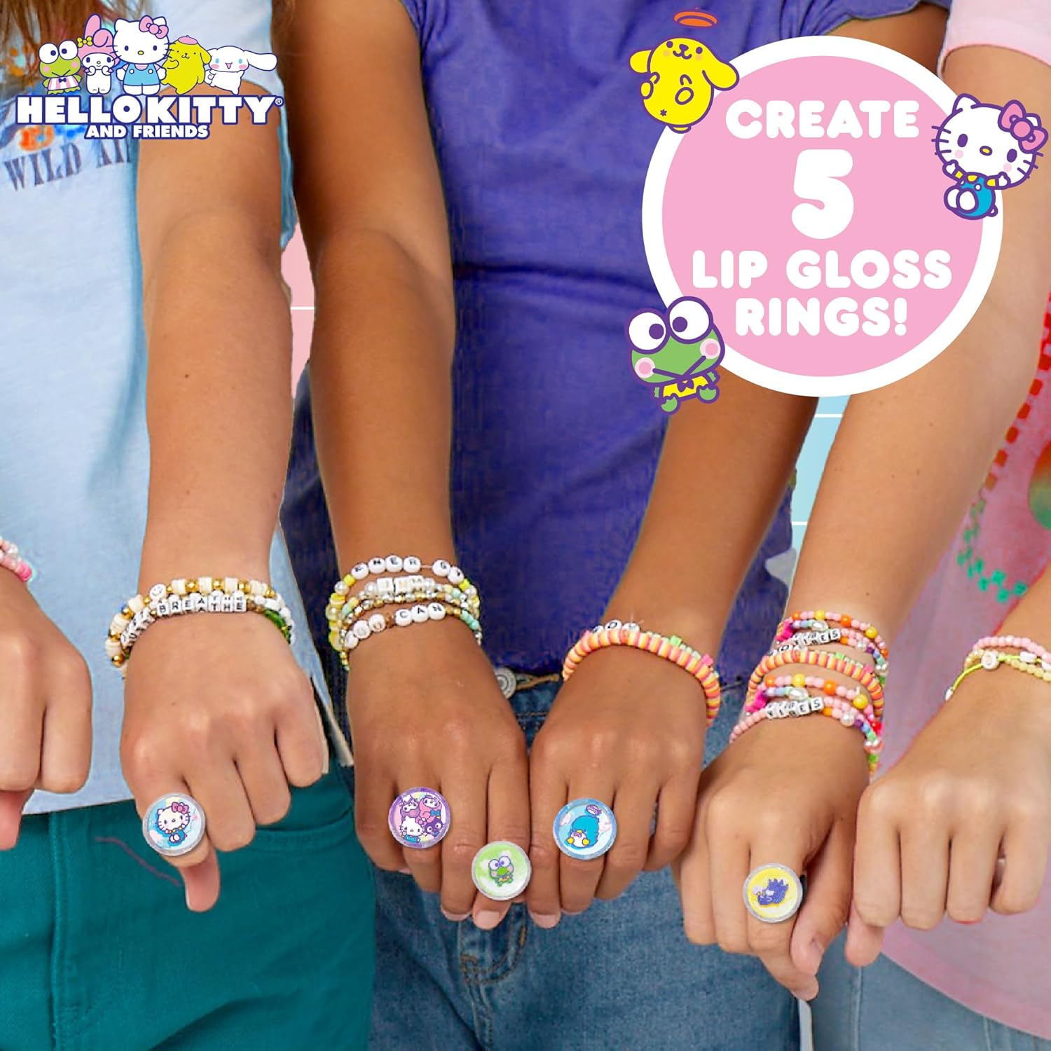 Hello Kitty Sanrio and Friends – Kit de fabricación de brillo labial brillante, hace 5 anillos de brillo de labios con purpurina, kit de brillo de