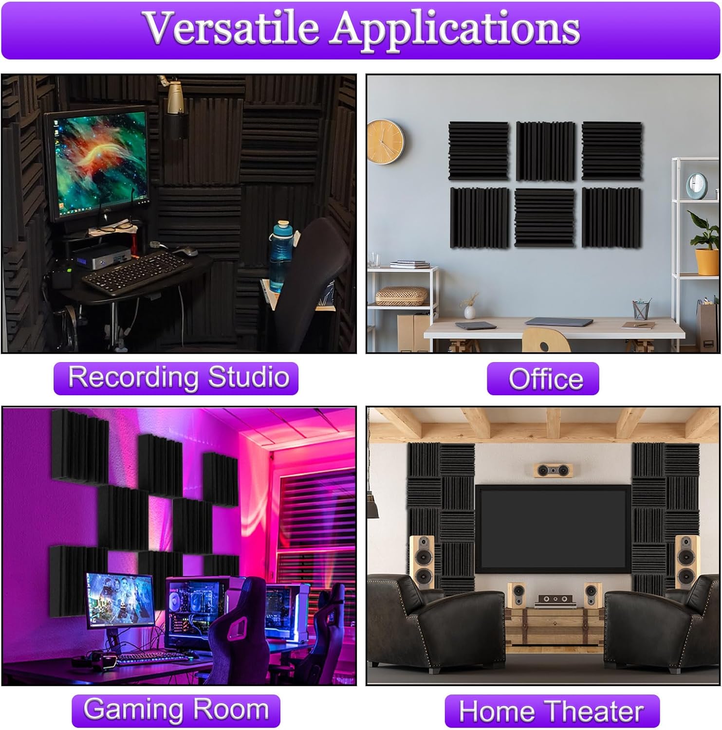 TroyStudio Paneles de espuma acústica autoadhesivos, 12 x 12 x 2 pulgadas, 6 piezas de espuma absorbente de sonido de banda ancha, azulejos