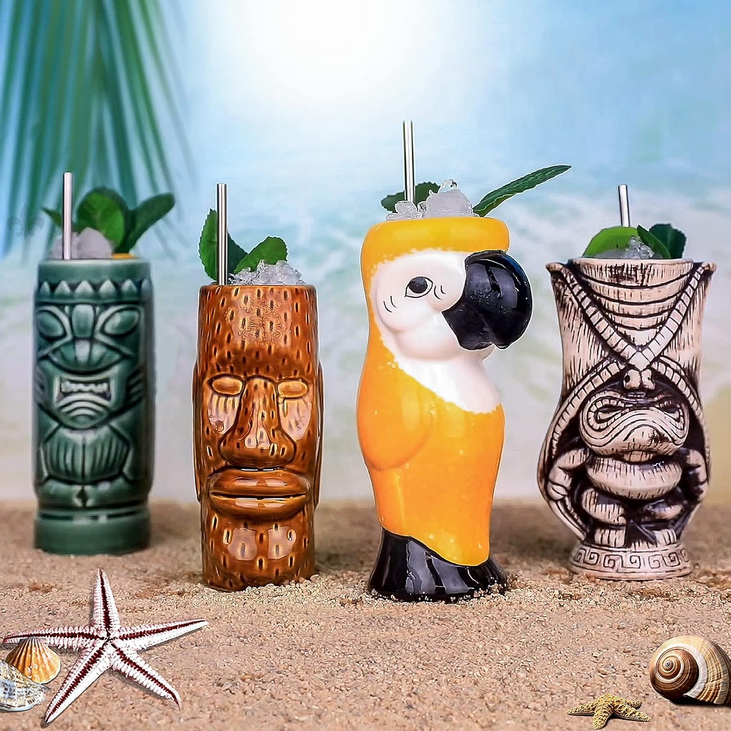 TKSET0011 – Juego de 4 tazas de cóctel hawaianas de cerámica grandes, vasos de cóctel exóticos, Tiki Bar profesional hawaiano para fiestas