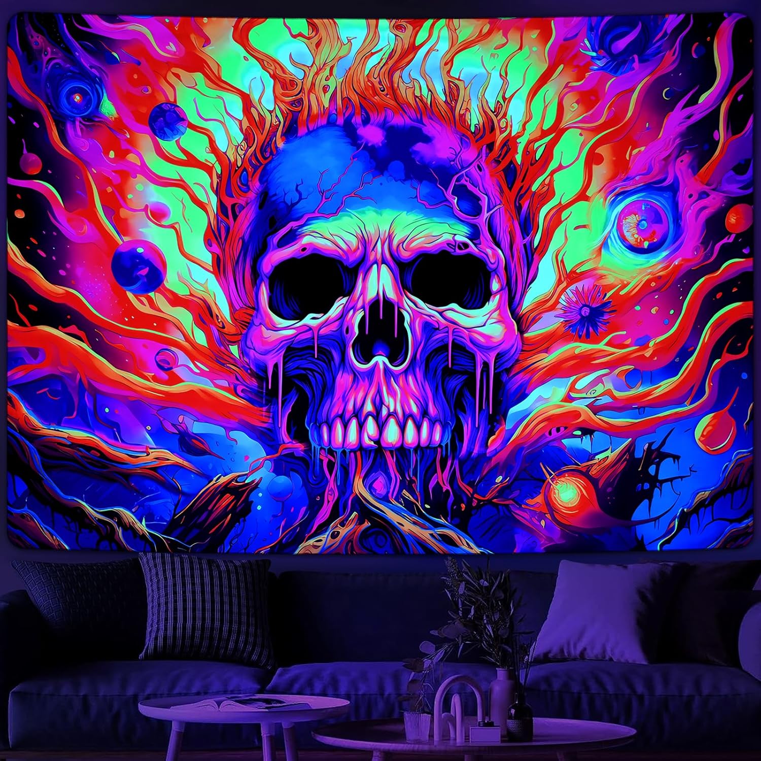 Uspring Tapiz de calavera con luz negra, coloridos llamas, tapices de ramas de árbol de Halloween, tapiz que brilla en la oscuridad, tapiz estético