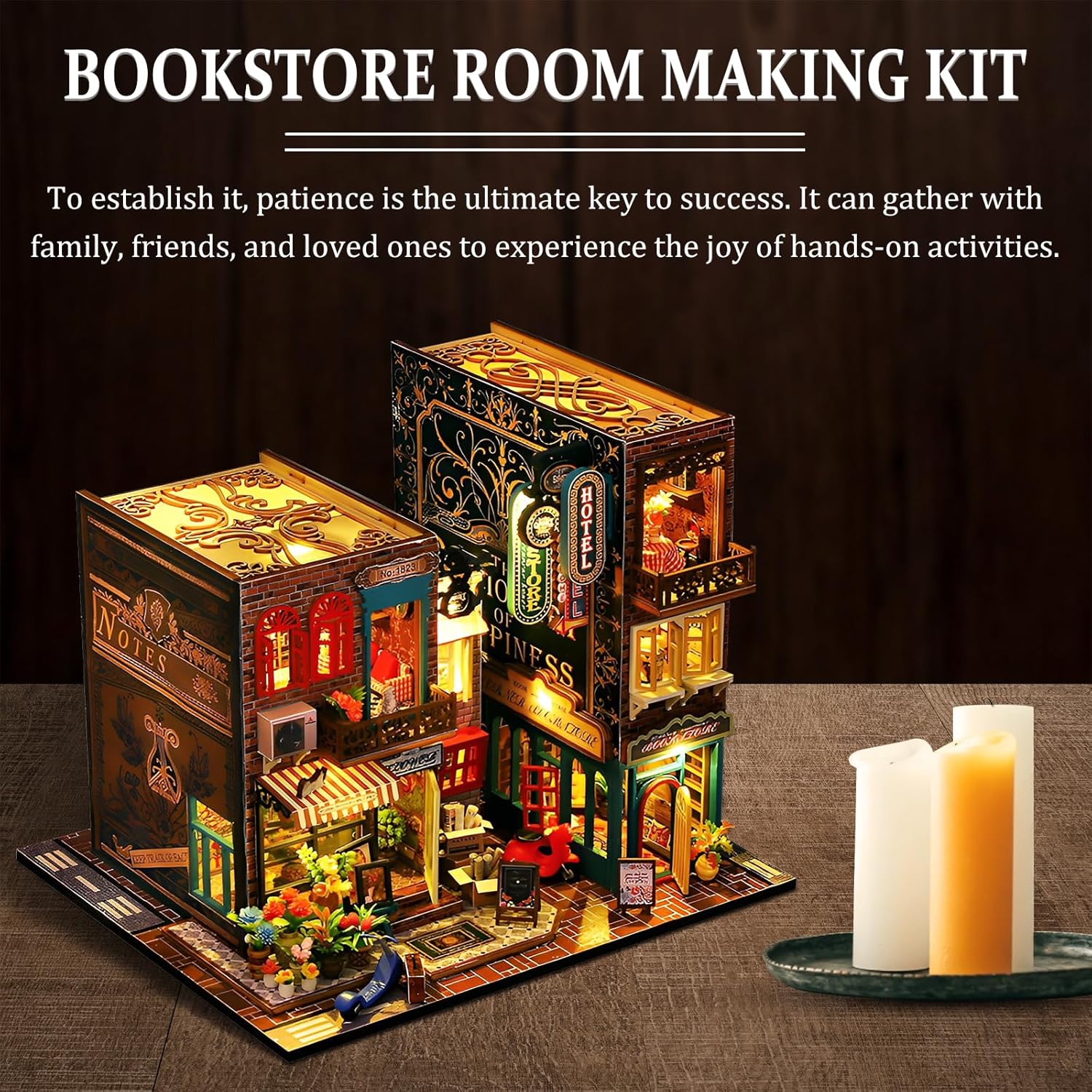 Tzgsonp Kit de rincón de libros, casa de muñecas de bricolaje, estante de libros, decoración de callejón con luz LED, kit de rincón de libros en