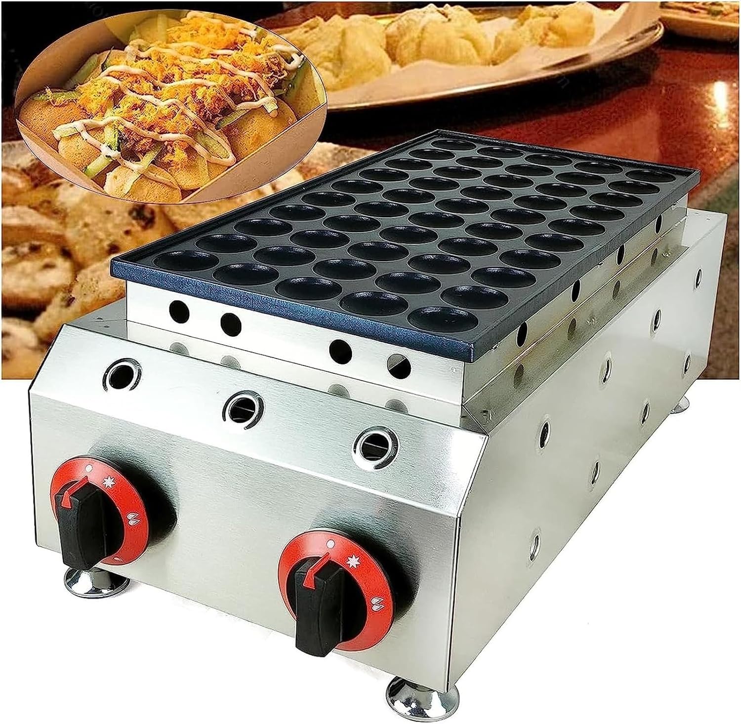 Máquina de hacer gofres antiadherente de gas LPG de 50 agujeros, mini panqueques holandeses, máquina de hierro Takoyaki, sartén para pulpo, bolitas