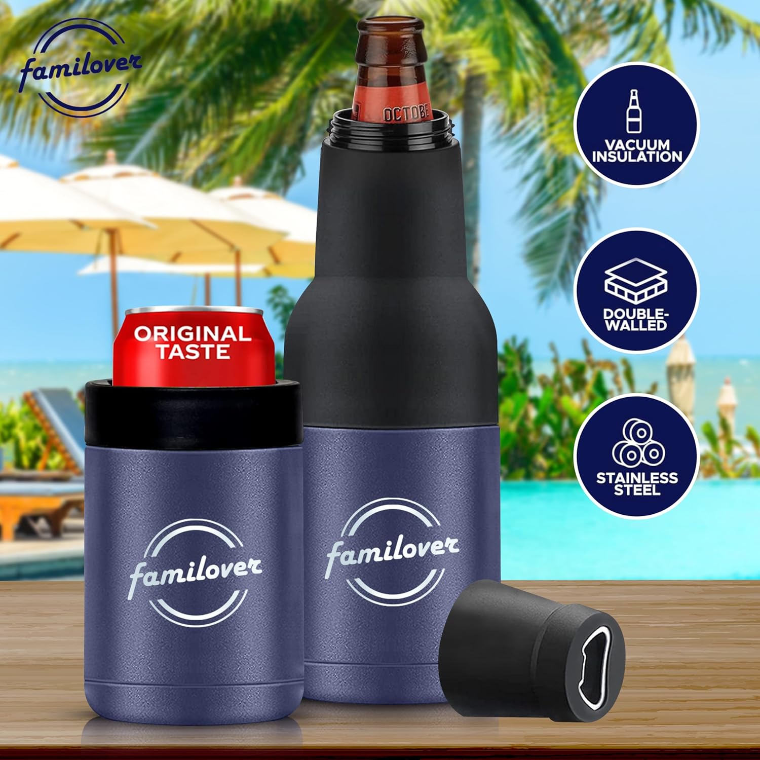 Abrelatas de botellas de cerveza acero inoxidable de doble pared aislado al vacío 4 en 1 con abridor de cerveza, se adapta a latas estándar de 12
