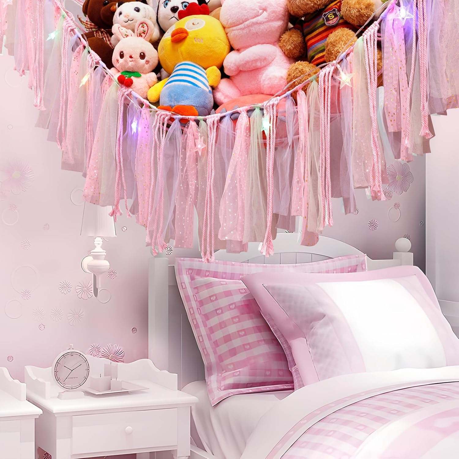 YELIENM Red de animales de peluche o hamaca con luz LED, red de hamaca de juguete de 59 pulgadas para animales de peluche, para colgar en la