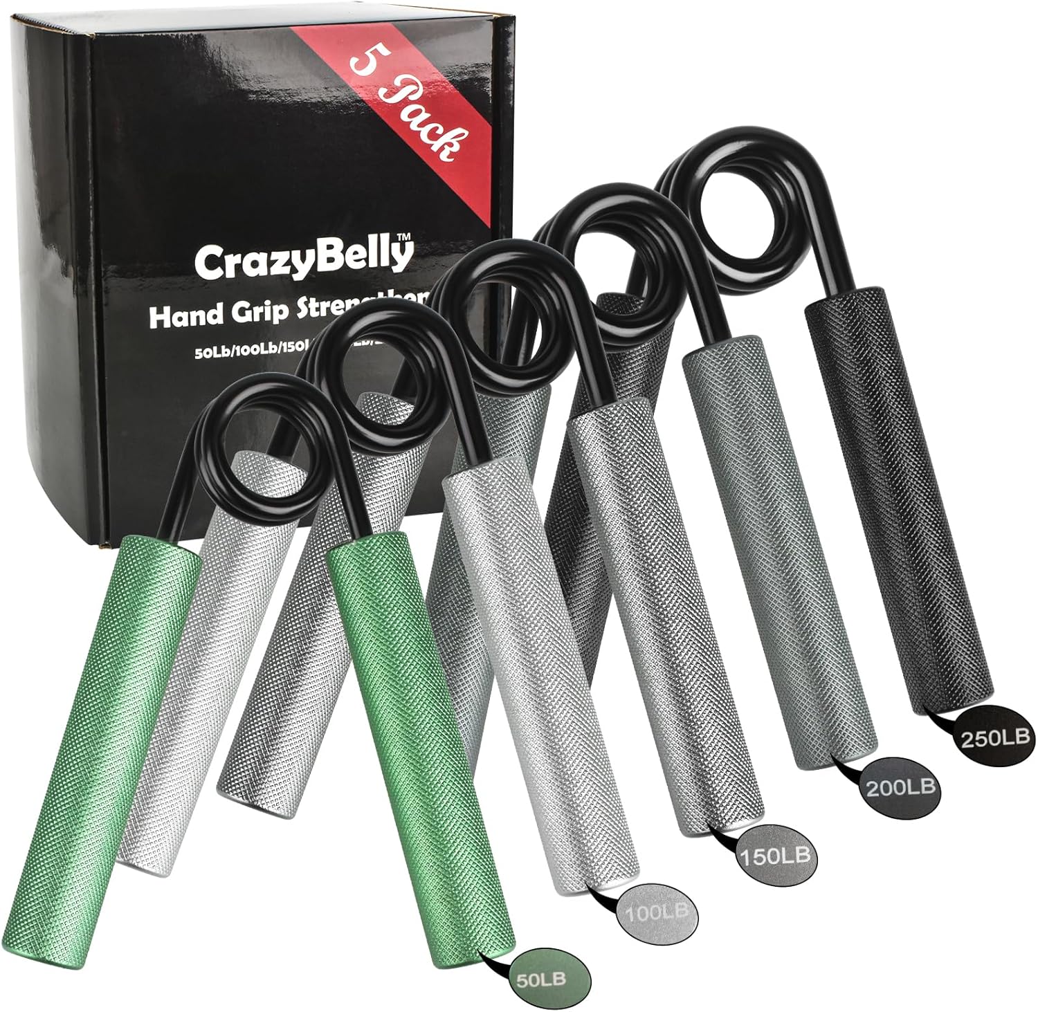 CRAZYBELLY Paquete de 5 fortalecedores de agarre de mano para entrenamiento de fuerza 50100150200250 libras para fortalecer el ejercitador de agarre