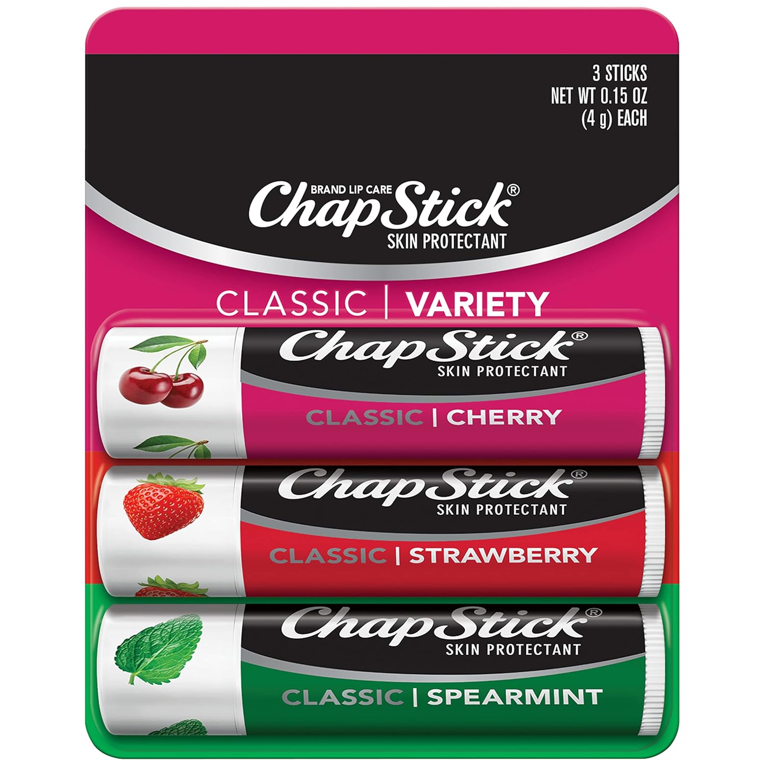 ChapStick Paquete variado de tubos de bálsamo labial de menta verde, cereza y fresa, 0.15 onzas cada uno (paquete de 3)