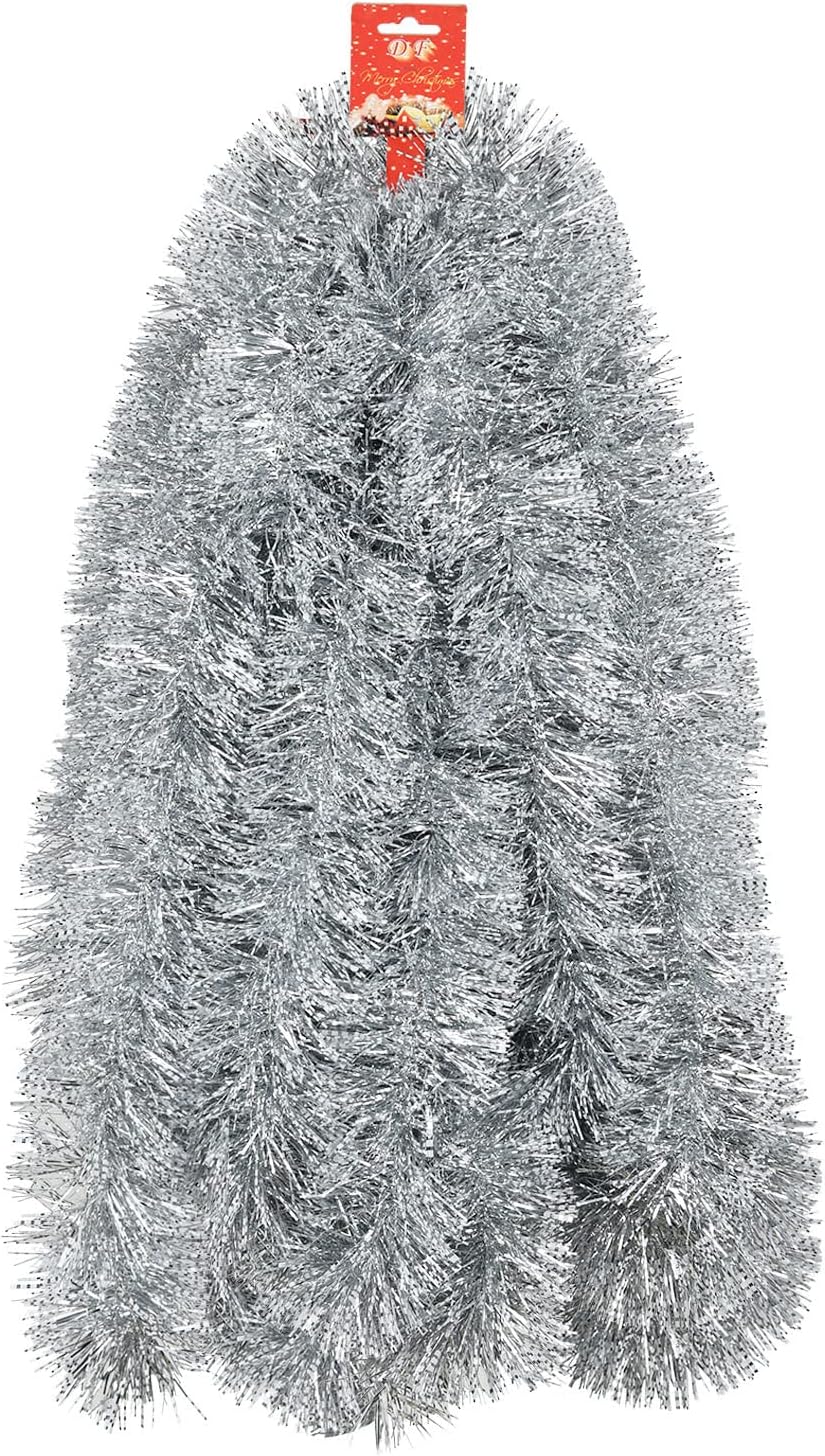 DearHouse Guirnalda de Navidad de oropel plateado de 40 pies, serpentinas metálicas, decoración de árbol de Navidad, suministros de fiesta de