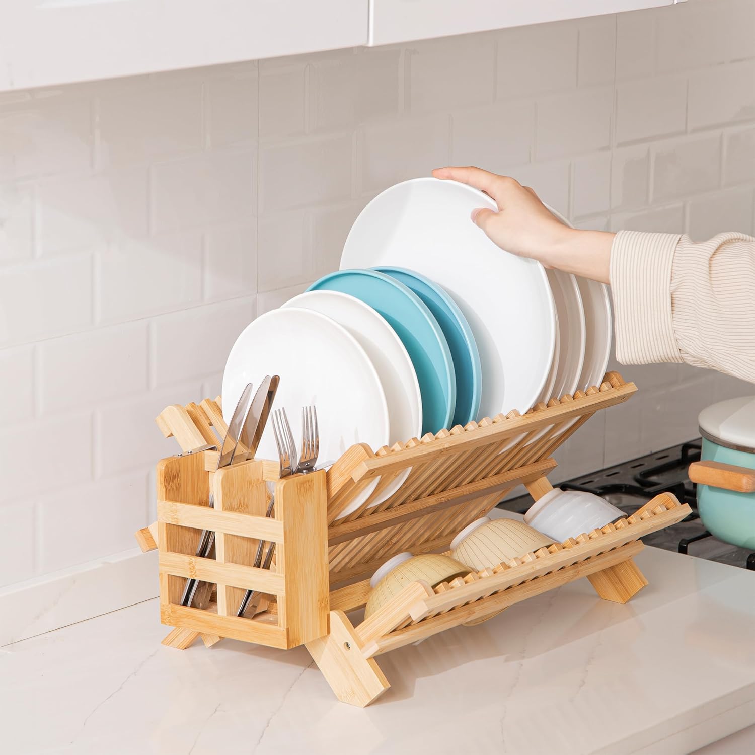 HBlife Escurridor de platos de bambú con soporte para cubiertos de utensilios, soporte de secado plegable grande de 3 niveles para encimera de