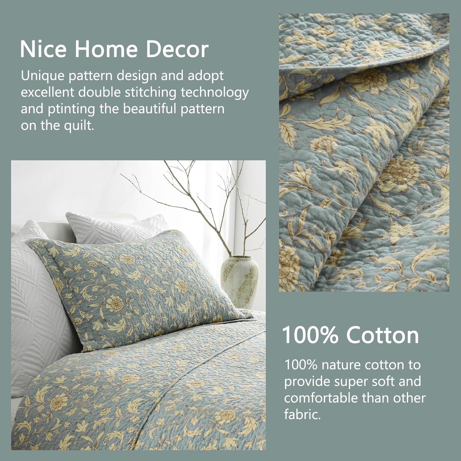 Finlonte Colchas tamaño Queen 100% algodón ligero suave Queen Colcha Vintage Botánico Acolchado Colcha Azul Edredón Beige Floral Reversible Juego de