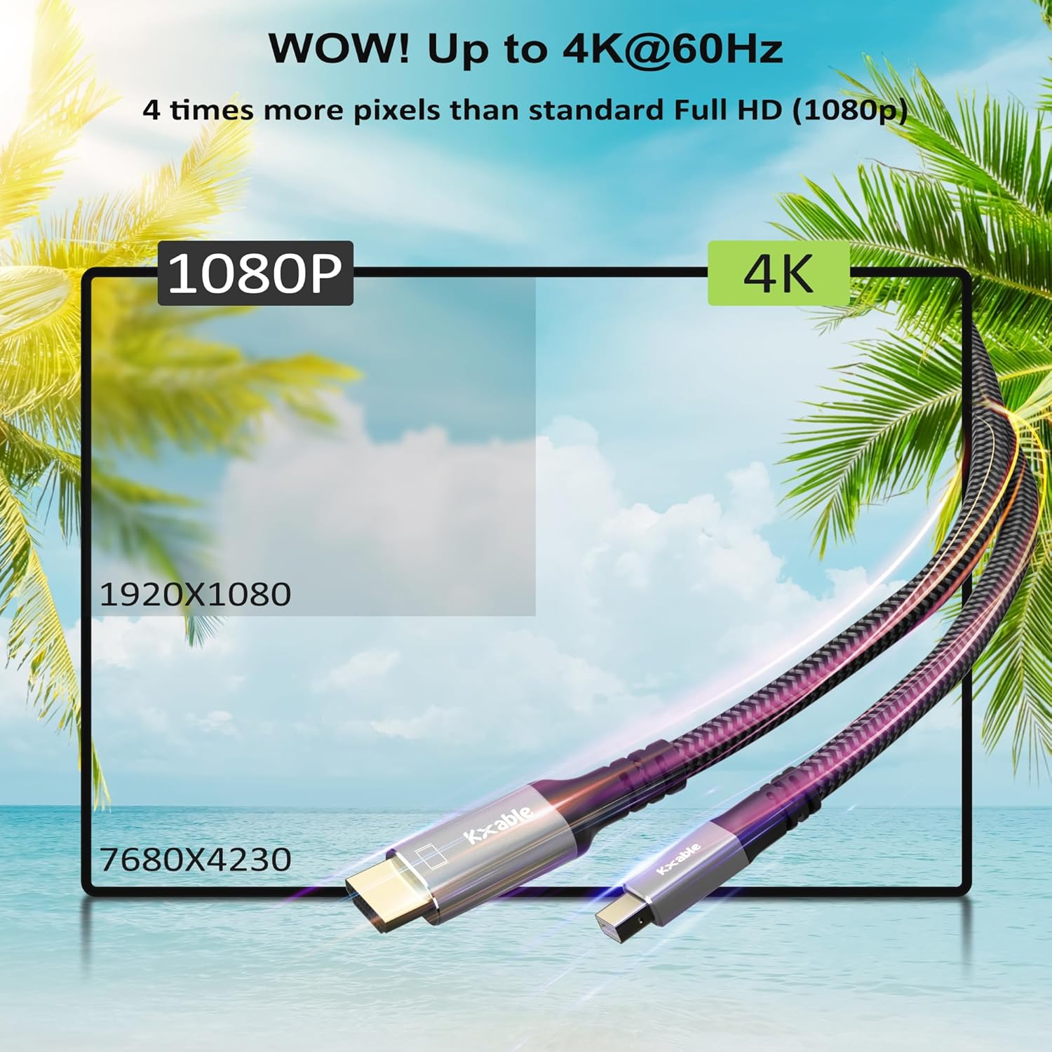 Cable Mini DisplayPort a HDMI 4K de 20 pies, 4K 60Hz, enchufes chapados en oro, carcasa de aluminio, trenzado de nailon, cable Mini DP a HDMI,