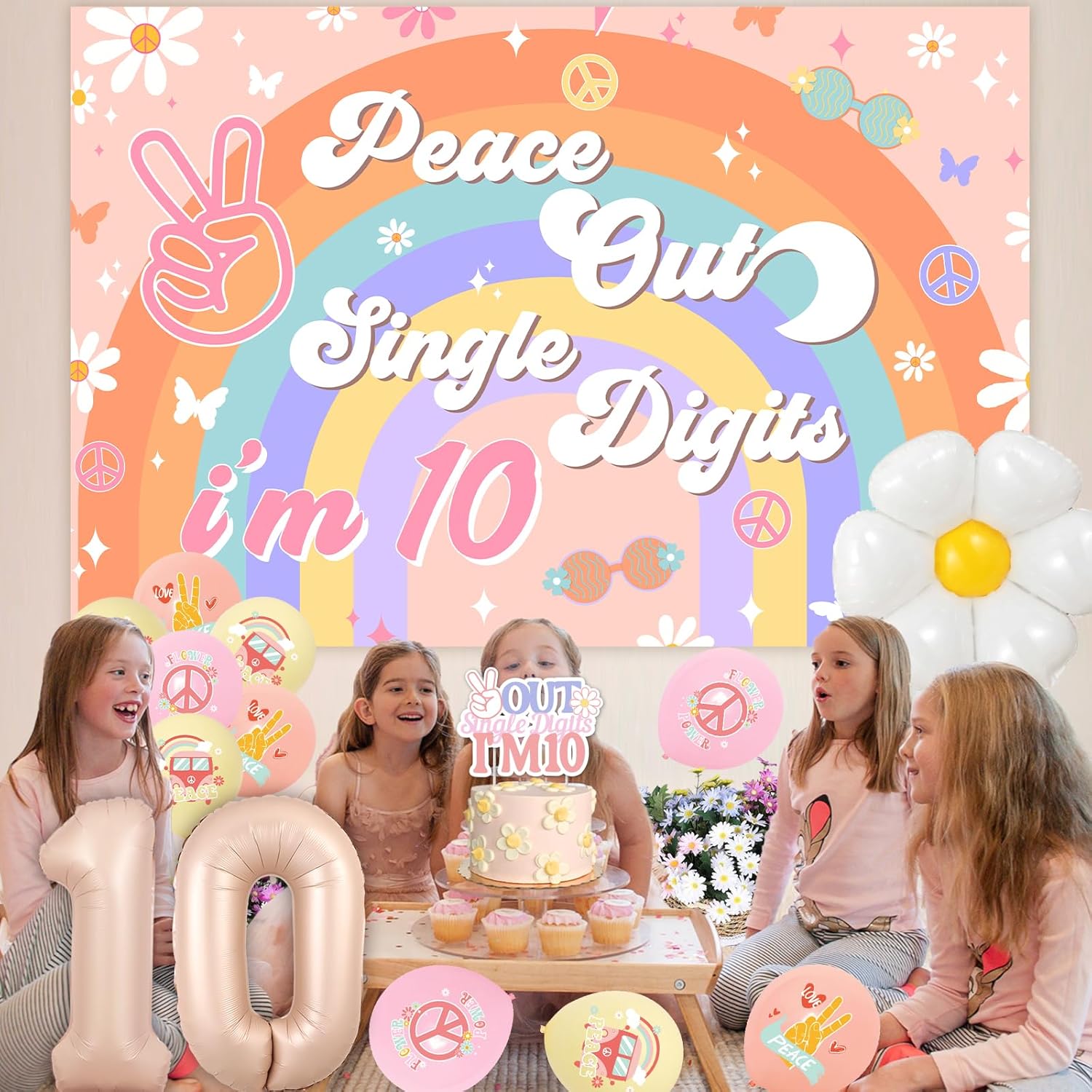 Peace Out – Decoración de fiesta de un solo dígito para niña, Groovy decoraciones de cumpleaños número 10, pancarta bohemia de feliz cumpleaños,