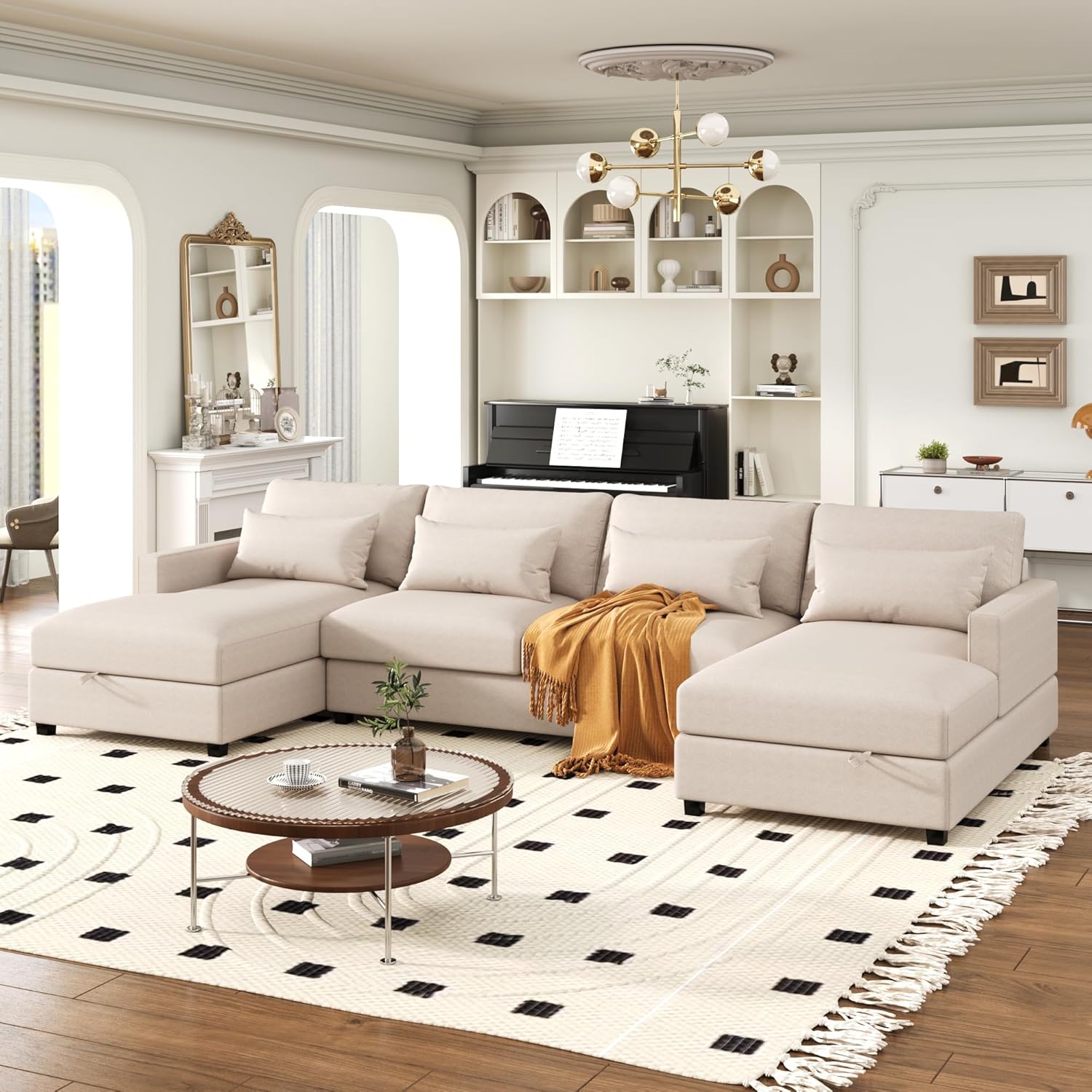 Sofá modular grande en forma de U de 128 pulgadas con 4 almohadas de soporte lumbar y 2 diván grande de almacenamiento, sofá simétrico tapizado de 6