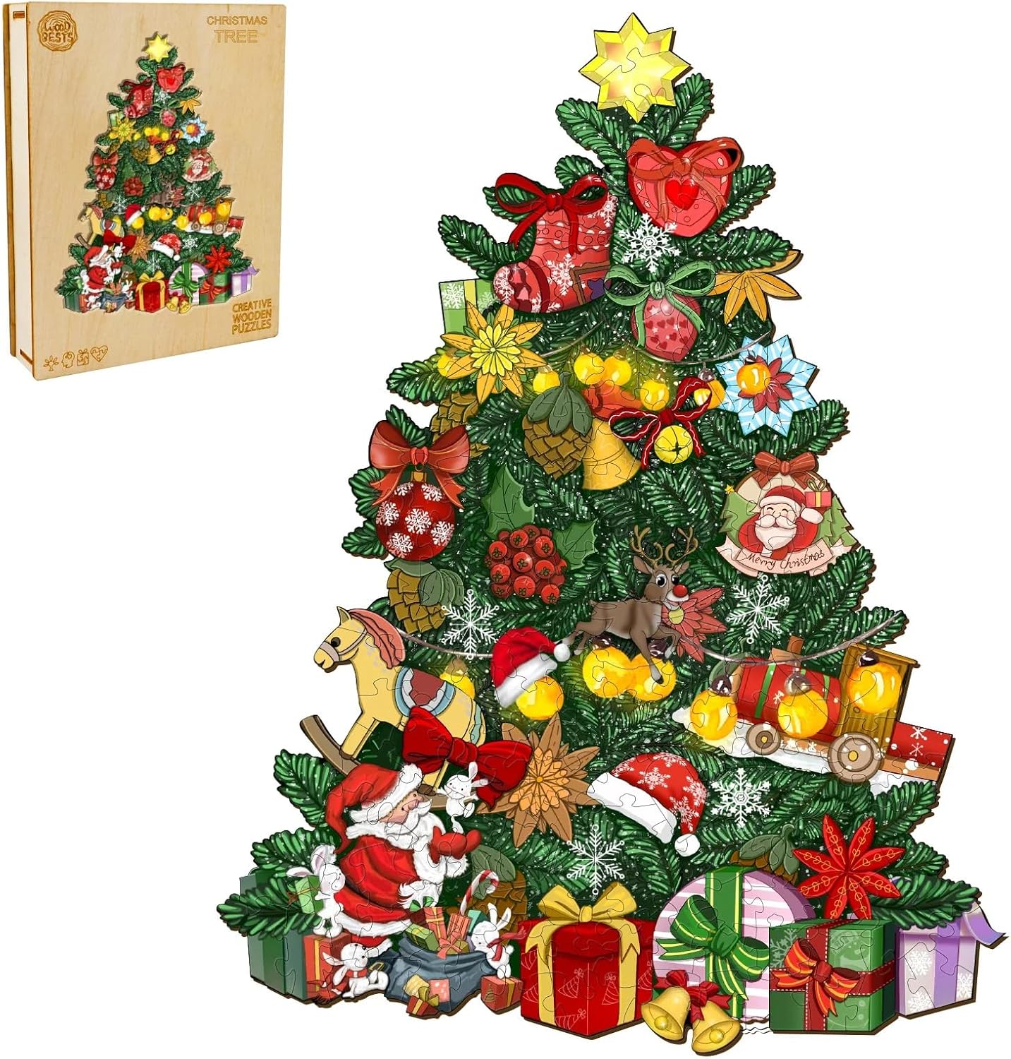 Rompecabezas de madera para adultos y niños, tamaño XL, 680 piezas, 20 x 26.2 pulgadas, rompecabezas de Navidad de madera con árbol de Navidad,