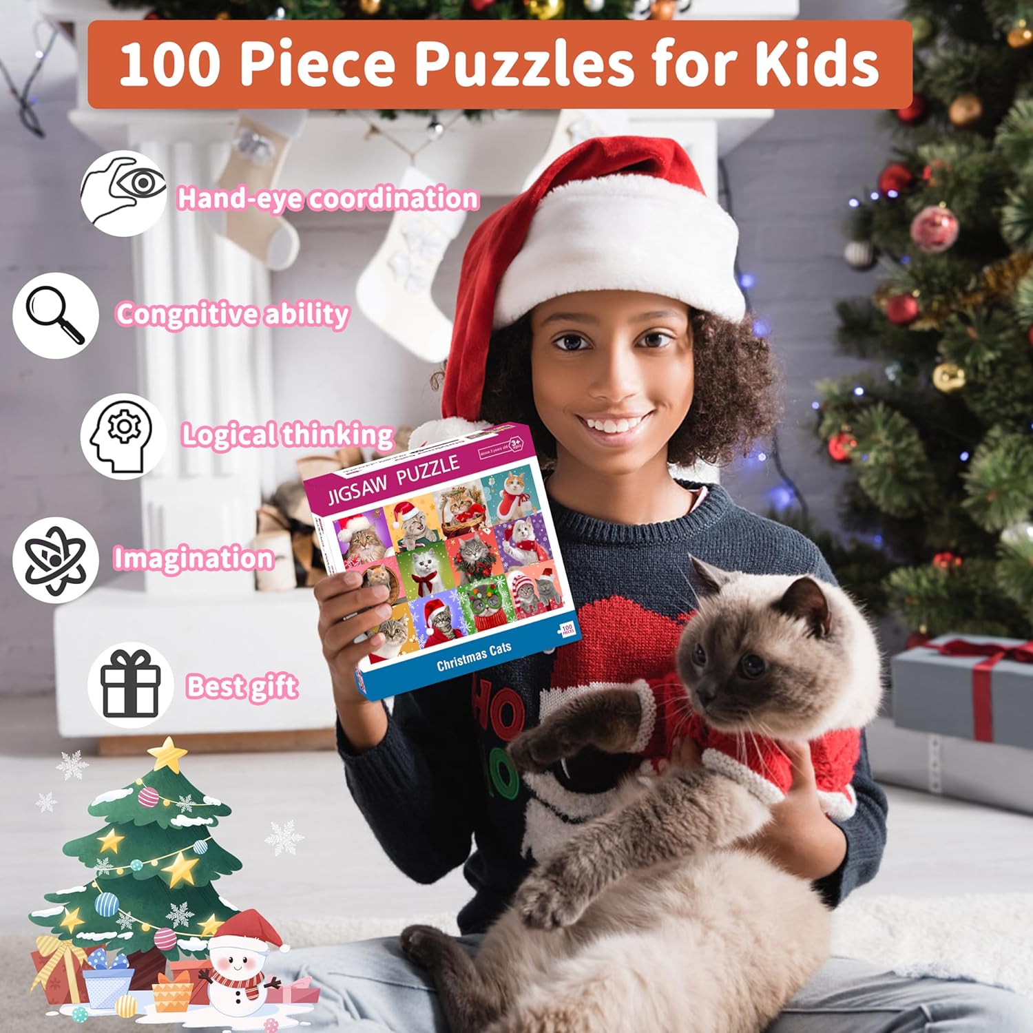Rompecabezas de Navidad de 100 piezas para niños, gatos de Navidad, rompecabezas multicolor para niños de 4 a 8 años, 3 a 5 y 8 a 10 años, juguetes