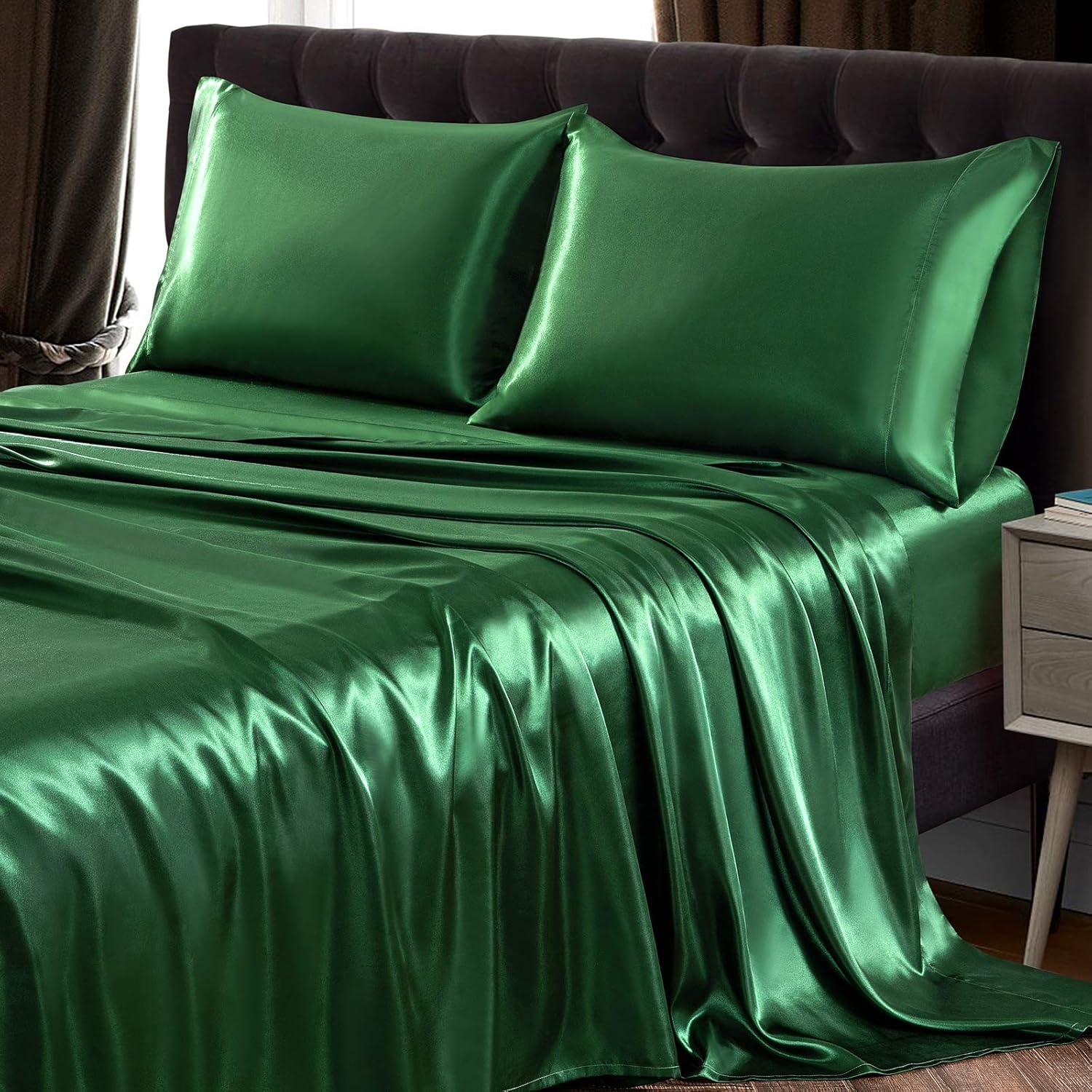 SiinvdaBZX Juego de sábanas de 3 piezas, tamaño individual XL, sábanas de satén sedoso verde esmeralda, juego de ropa de cama individual XL, sábanas