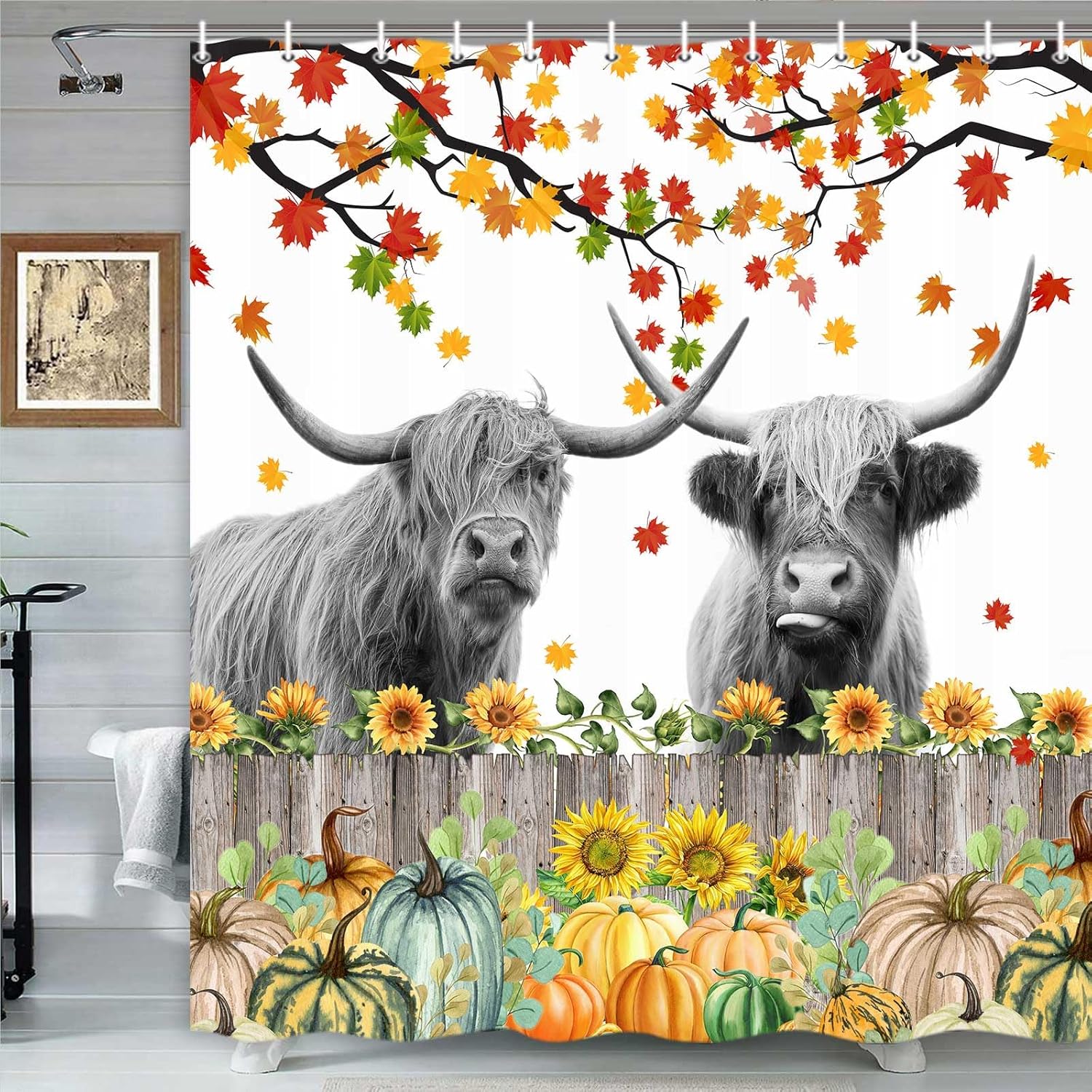 Highland – Cortina de ducha de vaca, rústica, granja, hojas de arce, calabaza, juego de cortinas de ducha para baño con ganchos, decoración de baño