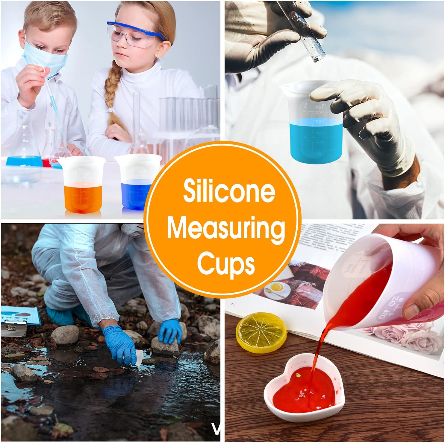 Coopay Vasos medidores de silicona de 8.5 fl oz para resina antiadherentes, herramientas de pegamento, escala precisa para hacer joyas de resina y