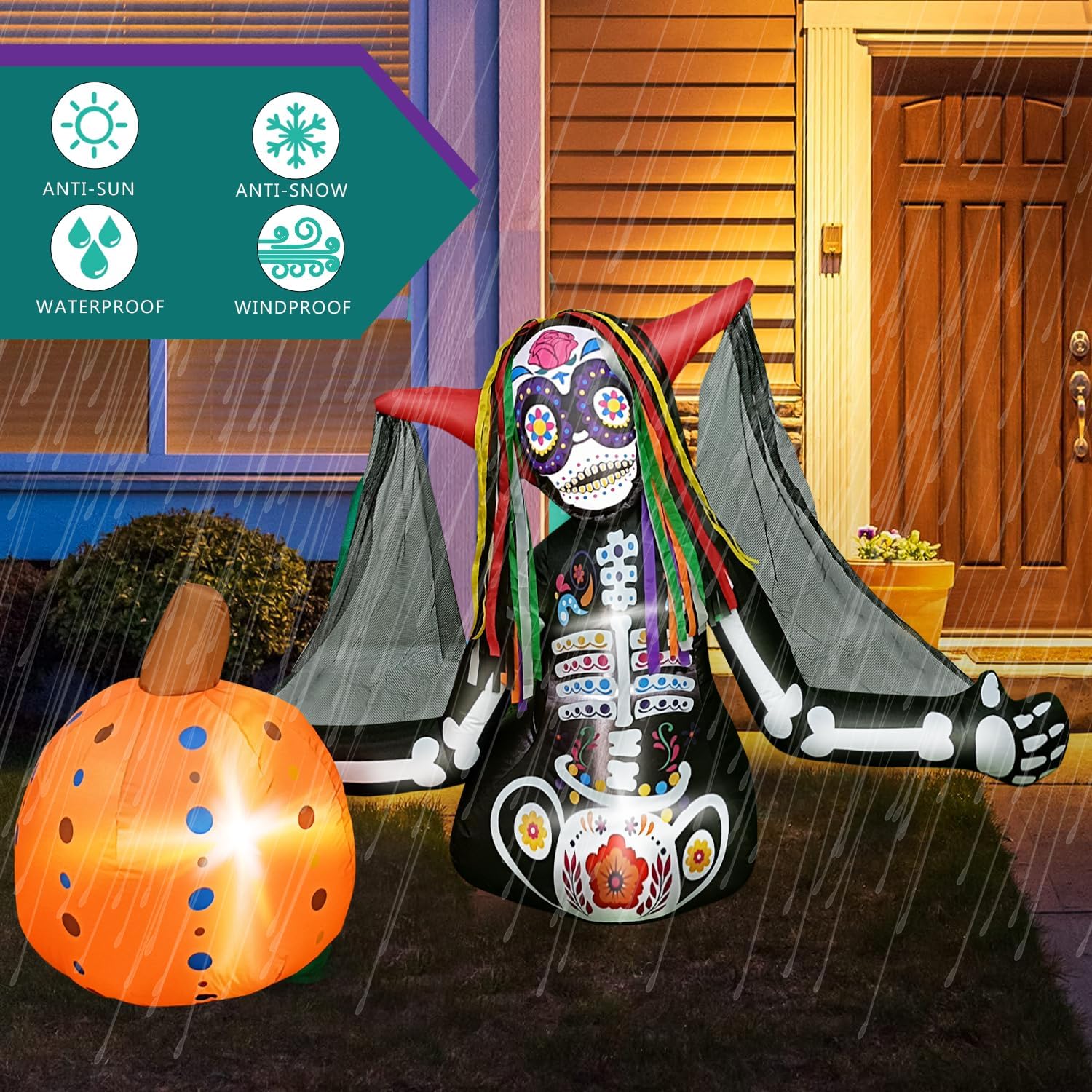 Inflables de Halloween de 6 pies, esqueleto zombi de calabaza, fantasma de mujer aterradora del día de los muertos, luces LED, a prueba de clima,