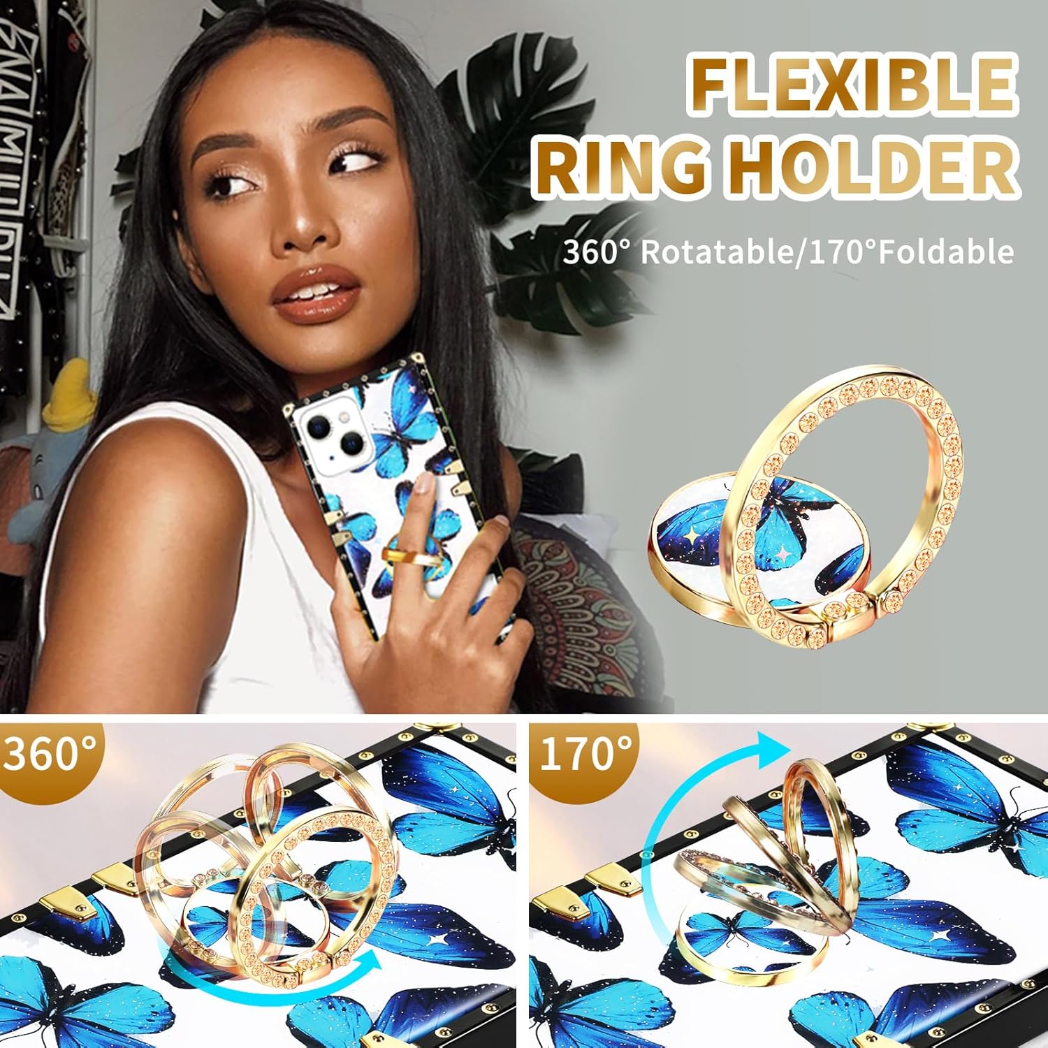 Loheckle Funda para iPhone 15 para mujeres y adolescentes, diseño cuadrado a la moda, lindo estuche con soporte de anillo y cordón, elegante diseño