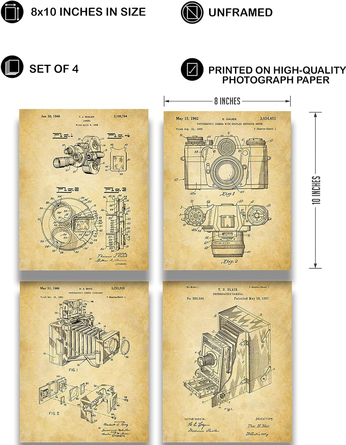 Govivo Patente de cámara antigua un conjunto de cuatro patentes de equipos de fotografía para decoración de pared impresiones con fondos sepia,
